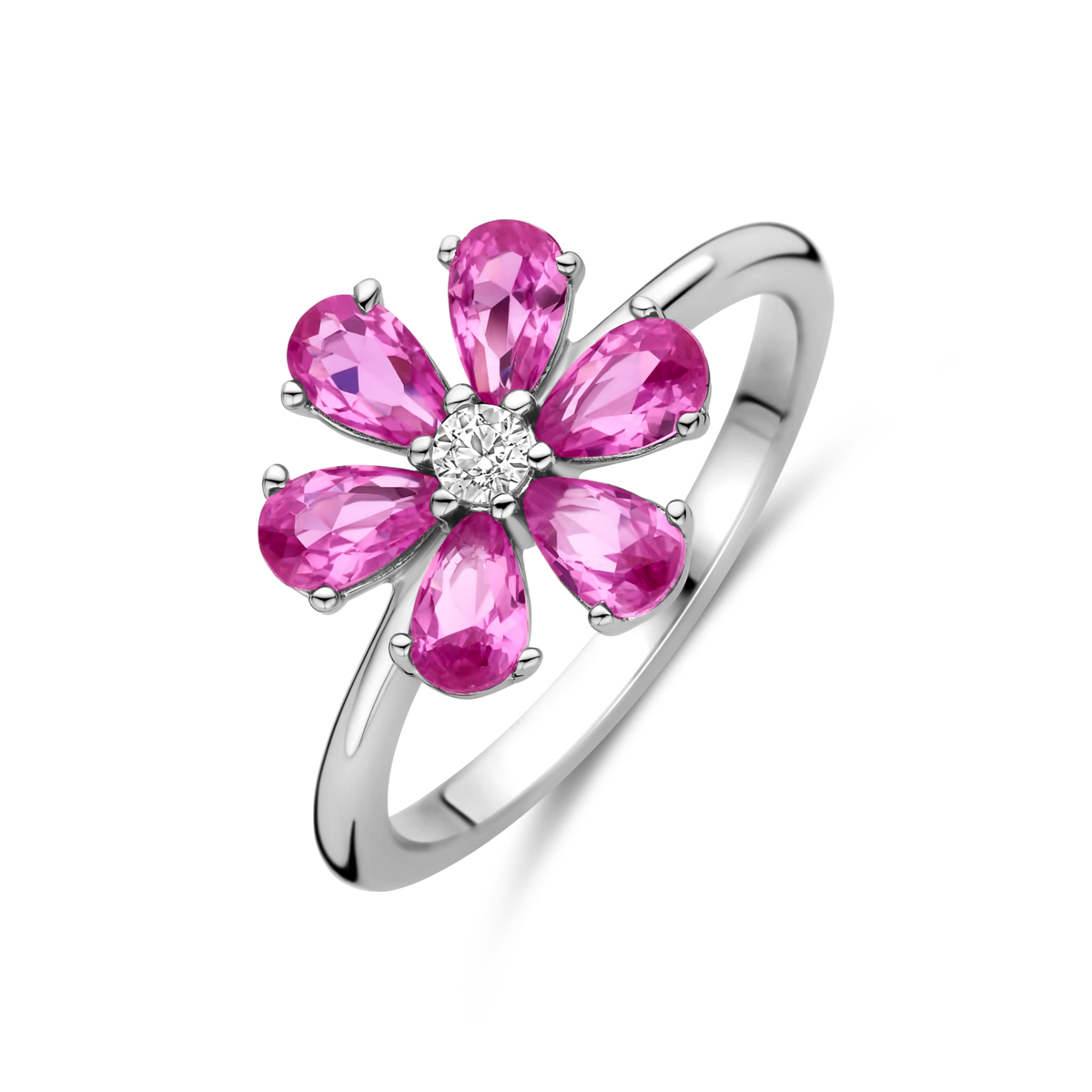 Gerhodineerd 925 zilveren ring uitgevoerd met wit en roze zirkonia. De ring heeft een breedte van 12mm.