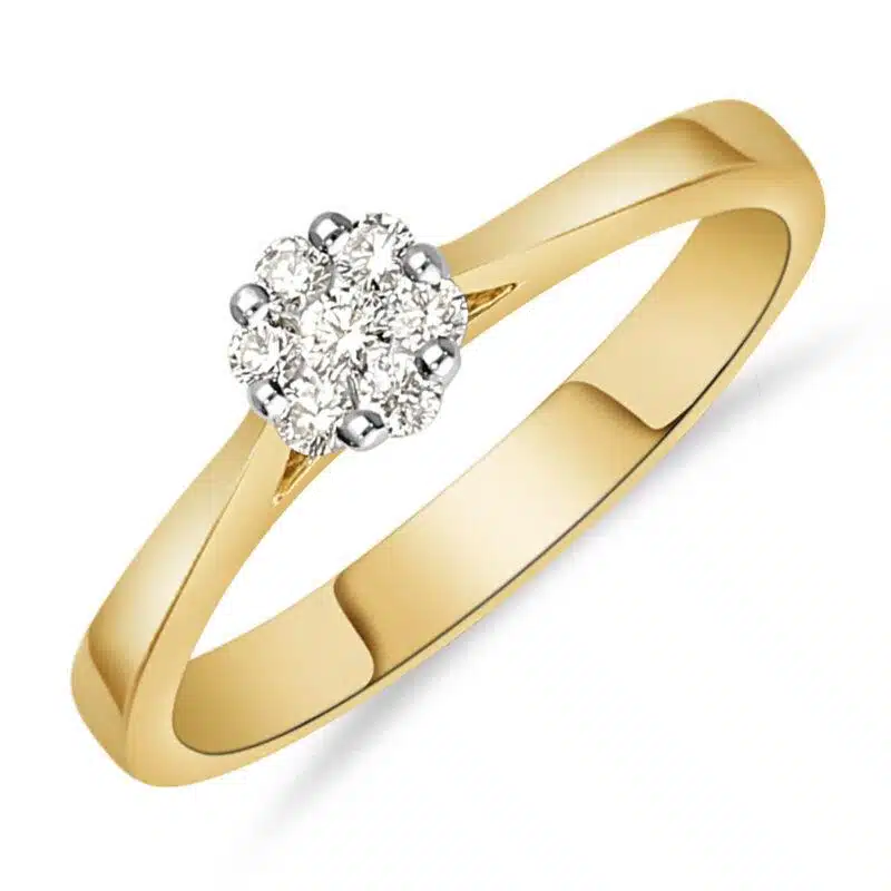 Een 14 krt geelgouden rozetring met witgouden zettingen, een middensteen diamant briljant geslepen 0.08 crt H SI en daarom heen 6 diamantjes briljant geslepen totaal 0.34 crt H SI.