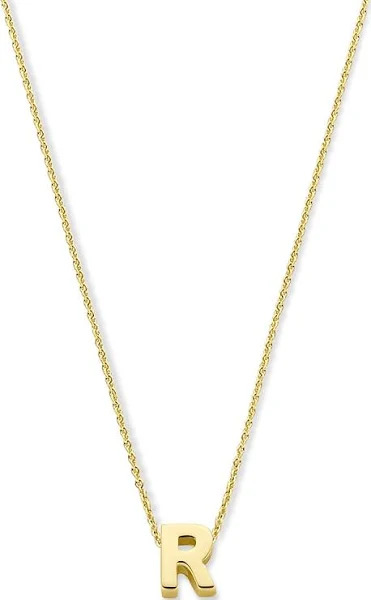 Dit prachtige geelgouden collier van 14 karaat is voorzien van de letter R en we hebben verschillende andere letters op voorraad. Het collier kan op verschillende manieren gedragen worden, bijvoorbeeld als een persoonlijk initialen sieraad of als een trendy statement piece. Voeg een persoonlijke touch toe aan elke outfit met dit unieke collier. Perfect voor elke gelegenheid!