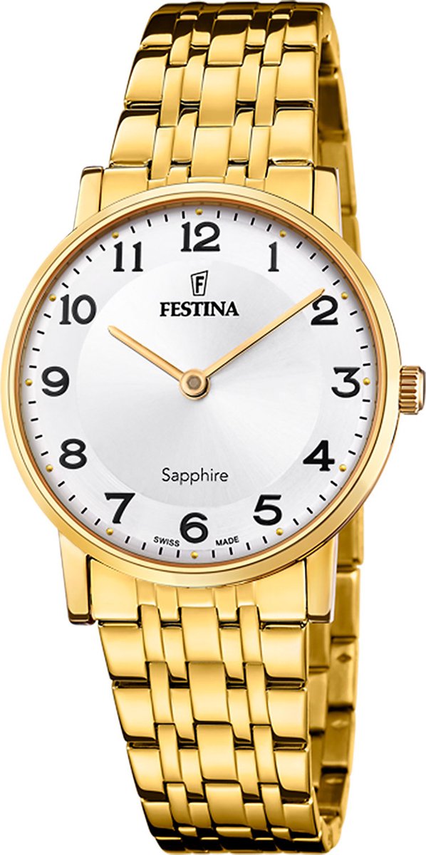 De Festina F20048/1 is een elegant en stijlvol horloge dat perfect is voor elke gelegenheid. Met een analoge tijdsaanduiding en een quartz uurwerk bent u verzekerd van nauwkeurige en betrouwbare tijdmeting.Dit horloge heeft een diameter van 29 mm en een hoogte van 6 mm, waardoor het perfect is voor zowel mannen als vrouwen. De ronde behuizing is goudkleurig en gemaakt van hoogwaardig roestvrij staal, wat zorgt voor duurzaamheid en een luxe uitstraling.De wijzerplaat van de Festina F20048/1 is grijs van kleur en het glas is gemaakt van saffier, wat bekend staat om zijn krasbestendigheid en helderheid. De goudkleurige band is ook gemaakt van roestvrij staal en heeft een vlinder- of vouwsluiting voor een comfortabele en veilige pasvorm om uw pols.Dit horloge heeft geen datumweergave, maar is waterdicht tot 5 bar, wat betekent dat u er mee kunt douchen zonder zorgen te maken over waterschade. Het is echter niet geschikt voor zwemmen of duiken.Als officieel Festina verkooppunt garanderen wij de authenticiteit van dit horloge en bieden wij een uitstekende klantenservice. Met de Festina F20048/1 heeft u een tijdloos en klassiek horloge dat jarenlang meegaat en elke outfit compleet maakt.Kortom, de Festina F20048/1 is een prachtig horloge met een gouden behuizing, grijze wijzerplaat en goudkleurige band die perfect is voor mensen die op zoek zijn naar een elegant en betrouwbaar horloge van hoge kwaliteit. Maak een statement met dit horloge en geniet van de luxe uitstraling en functionaliteit die het biedt.