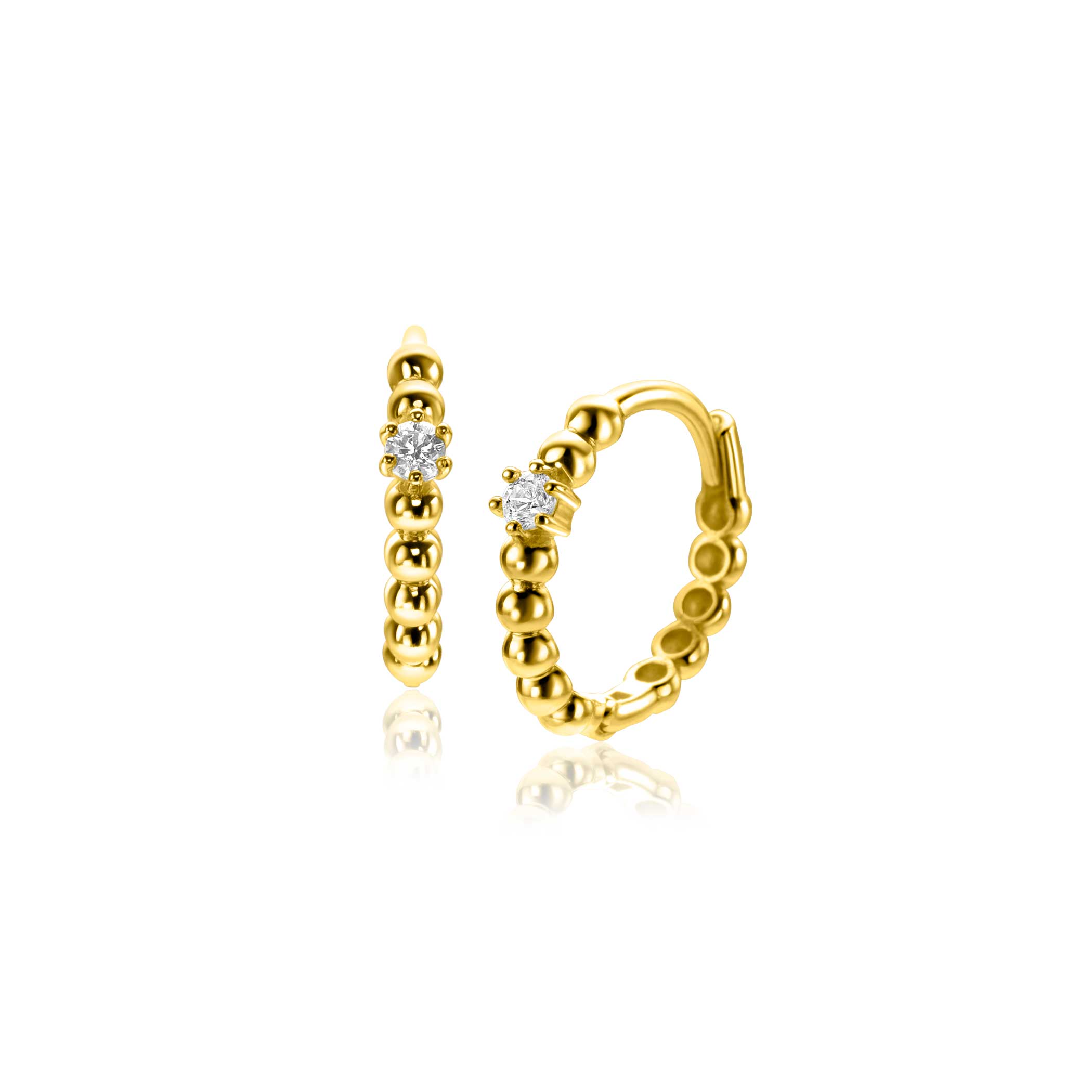13mm ZINZI Gold 14krt gouden oorringen met bolletjes design en een ronde witte zirkonia, met luxe klapsluiting 13 x 2mm ZGO527