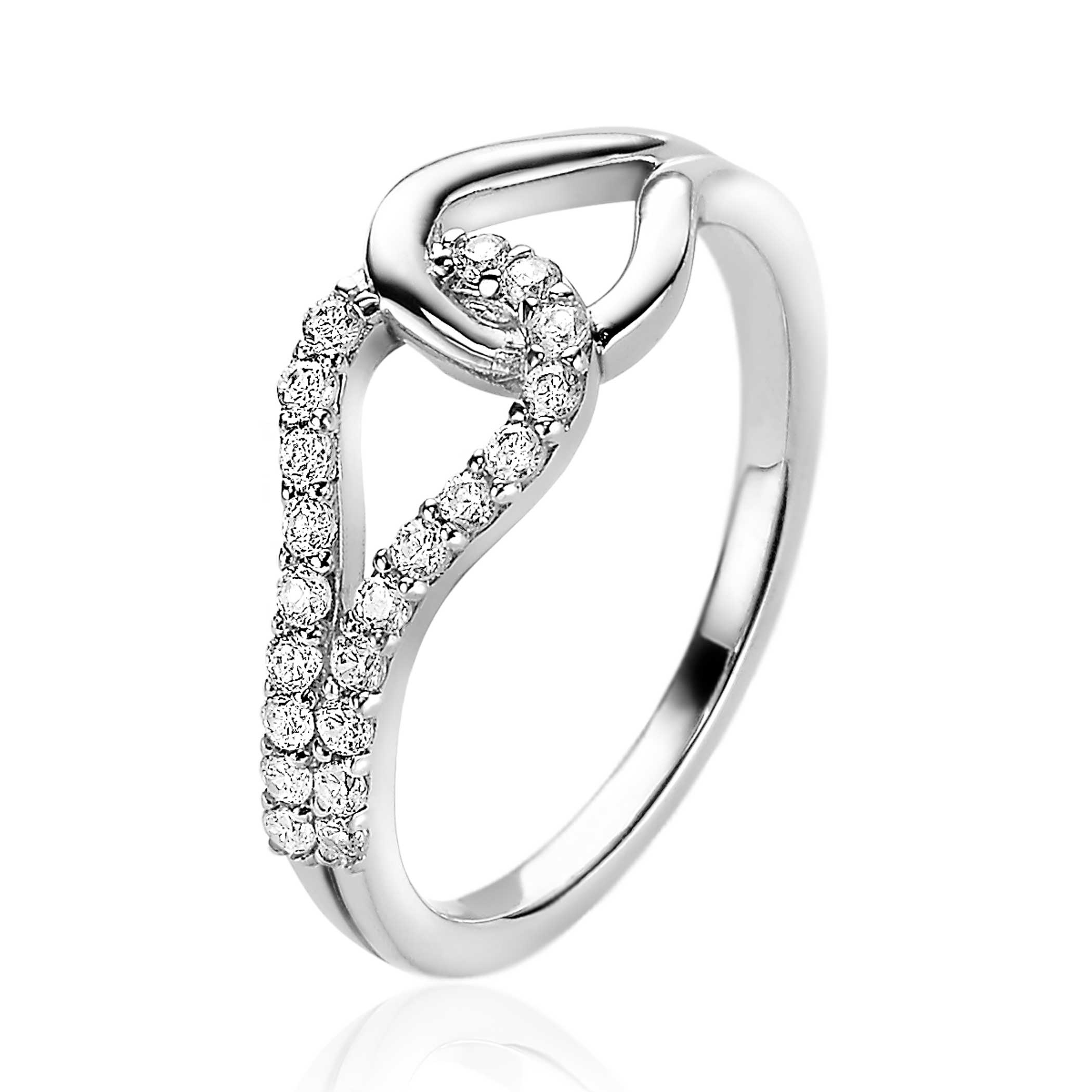 ZINZI zilveren ring die 'verbondenheid' symboliseert, waarbij de ene helft bezet is met witte zirconia's. Deze charmante ring is geschikt voor elke gelegenheid en maakt je outfit helemaal af! Vervaardigd van eerste gehalte zilver (925) en voorzien van een extra rodiumlaag voor een langdurige glans.