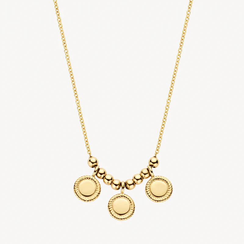 Een in het oog springend design met bolletjes en drie ronde hangers met koordmotief geeft dit collier van 14k geelgoud een prachtige uitstraling. Geweldig als blikvanger op zichzelf of in combinatie met andere sieraden uit onze collectie