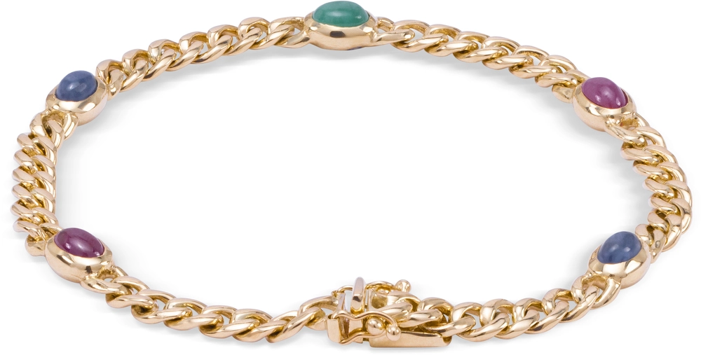 Deze prachtige armband is gemaakt van 14 karaat geelgoud en is versierd met schitterende robijnen, saffieren en smaragden. De gourmet schakel zorgt voor een elegante en moderne uitstraling. Draag de armband alleen voor een subtiele touch of combineer hem met andere armbanden voor een trendy gelaagde look. Een tijdloos sieraad dat elke outfit compleet maakt. Ook verkrijgbaar in Rosé Goud!