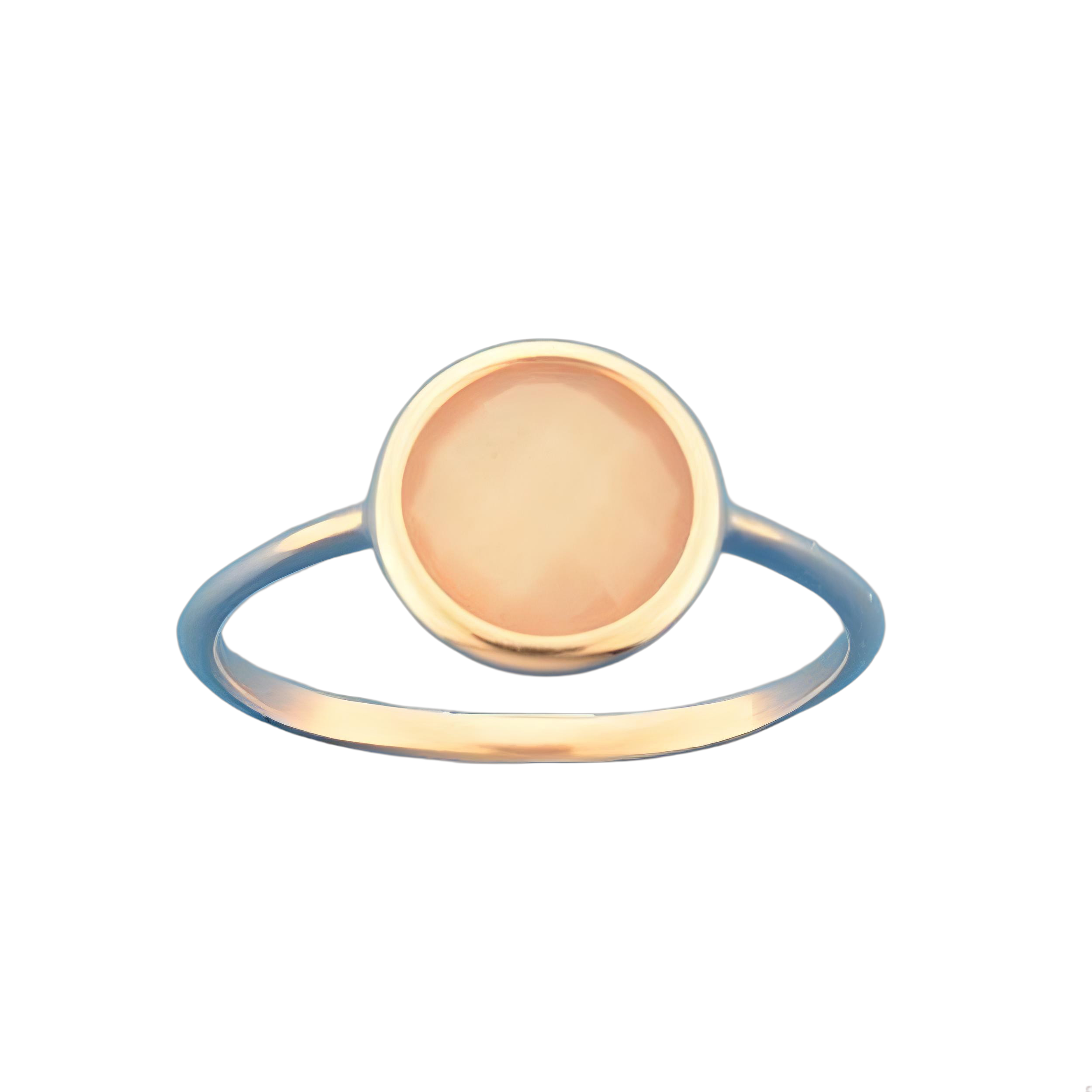 Beschrijving: 14k Rosegouden ring uitgevoerd met een peach maansteen. De steen heeft een diameter van 8mm.
