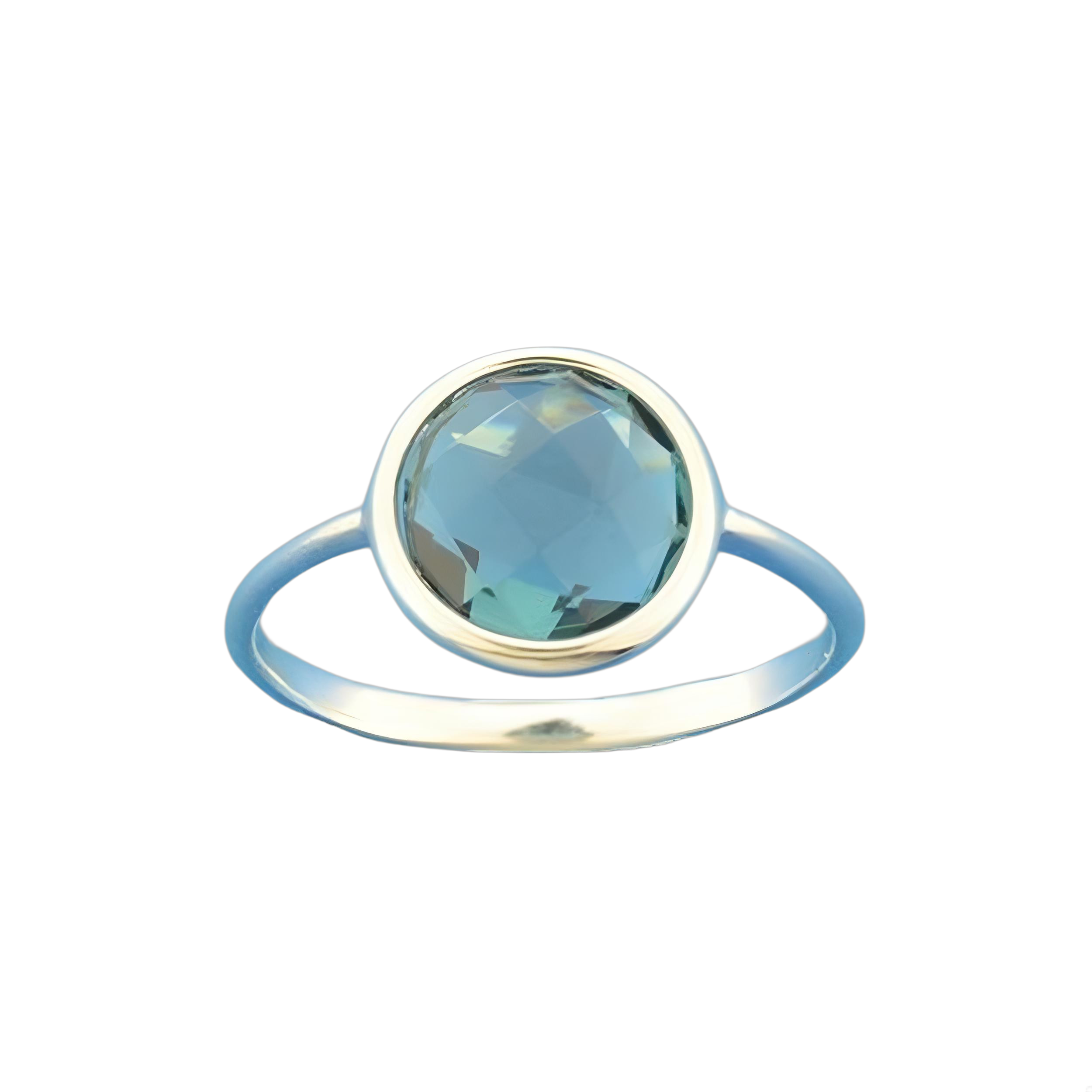 Beschrijving: 14k Witgouden ring uitgevoerd met een London blue topaas. De steen heeft een diameter van 8mm.