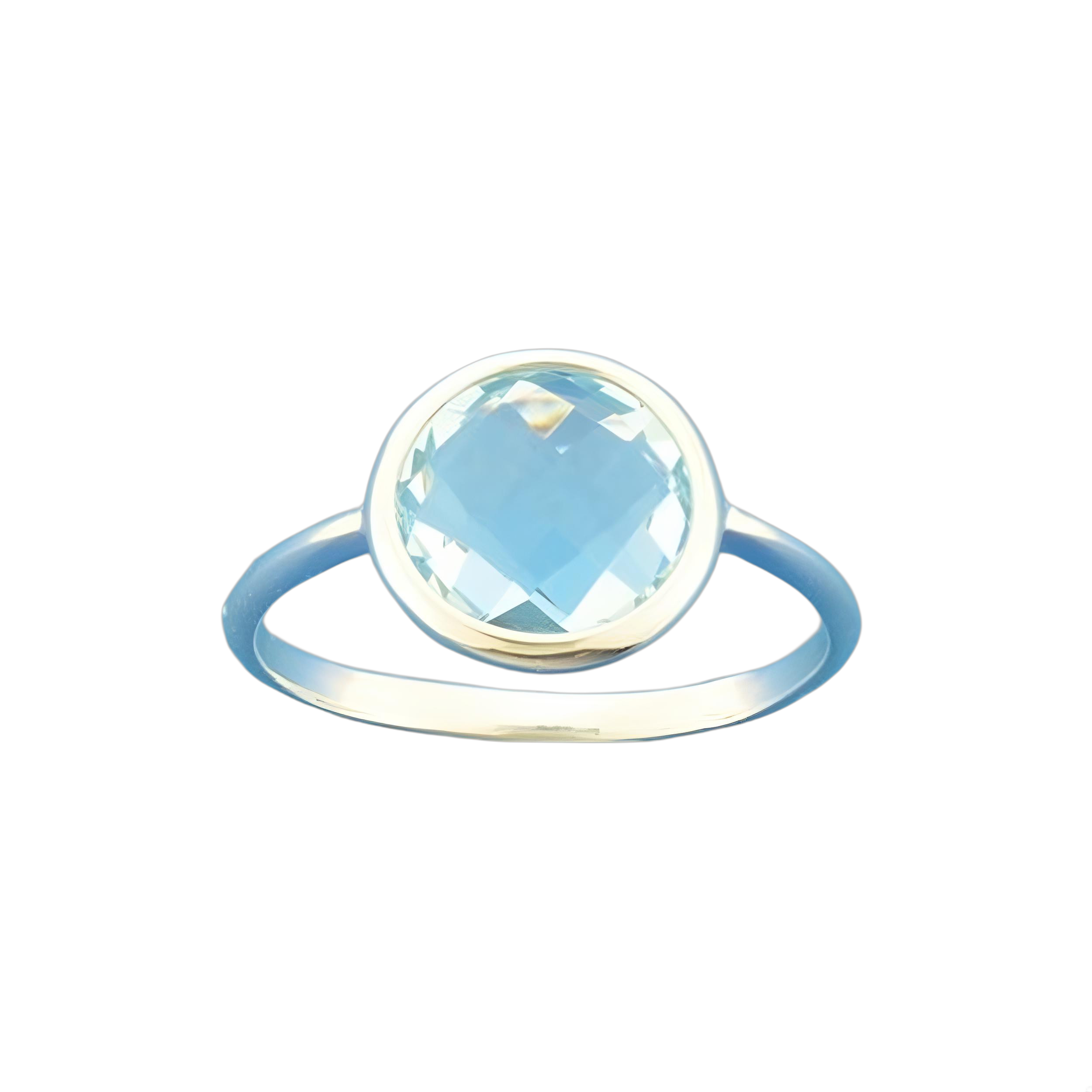 Beschrijving: 14k Witgouden ring uitgevoerd met een blauw topaas. De steen heeft een diameter van 8mm.