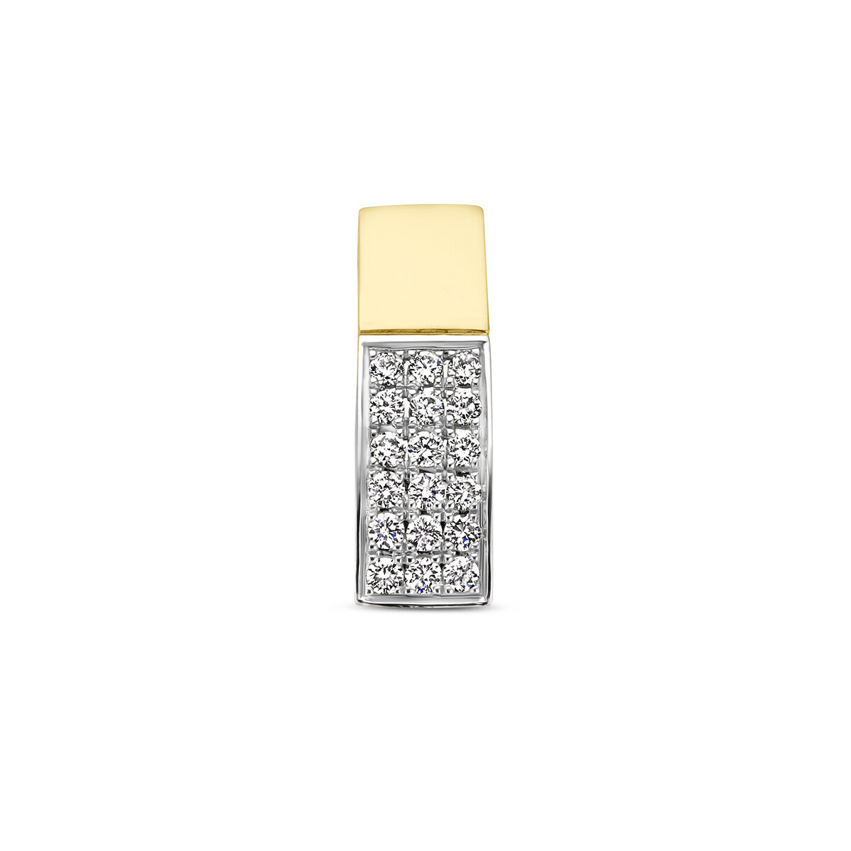 14k Bi-color geel- en witgouden hanger uitgevoerd met diamanten. De hanger heeft een afmeting van 11.5x4mm.