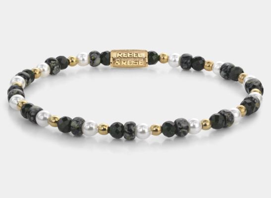 Edelstenen bead armband, handgemaakt van 4mm stenen (Zandsteen, schelp parels, Glas Rocailles, goudkleurige stenen) met een 18 karaat goud ion-plated edelstalen sluiting. Het Rebel & Rose sieraad is makkelijk te combineren met onze andere kralenarmbanden.

