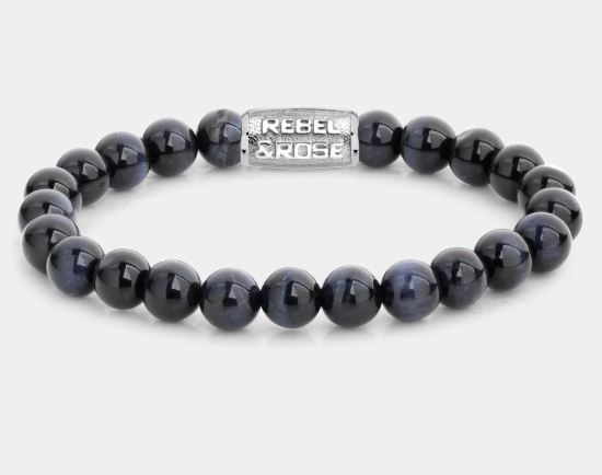 Edelstenen bead armband, handgemaakt van 8mm blauwe Tijgeroog stenen met een zilverkleurige sluiting. Het Rebel & Rose sieraad is makkelijk te combineren met andere zilveren, leren of kralenarmbanden.