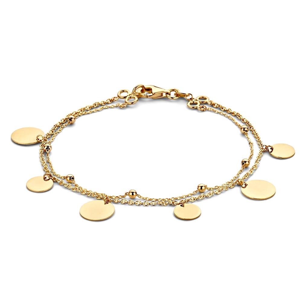 Dubbele geelgouden armband met bolletjes en hangende coins.
