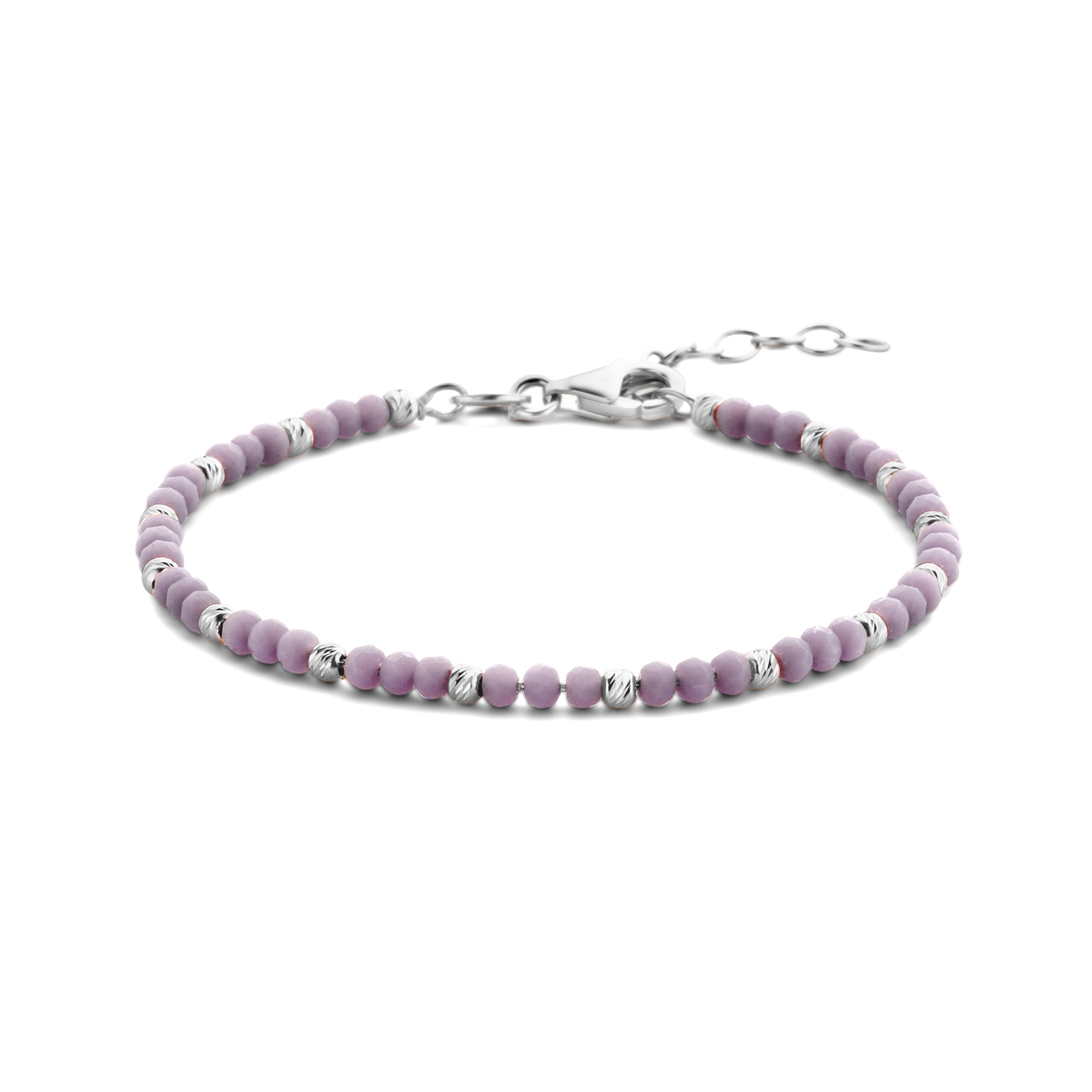 Gerhodineerd 925 zilveren armband uitgevoerd met violet glas en een karabijn sluiting. De armband heeft een draaglengte van 16cm en een extensie van 3cm.
