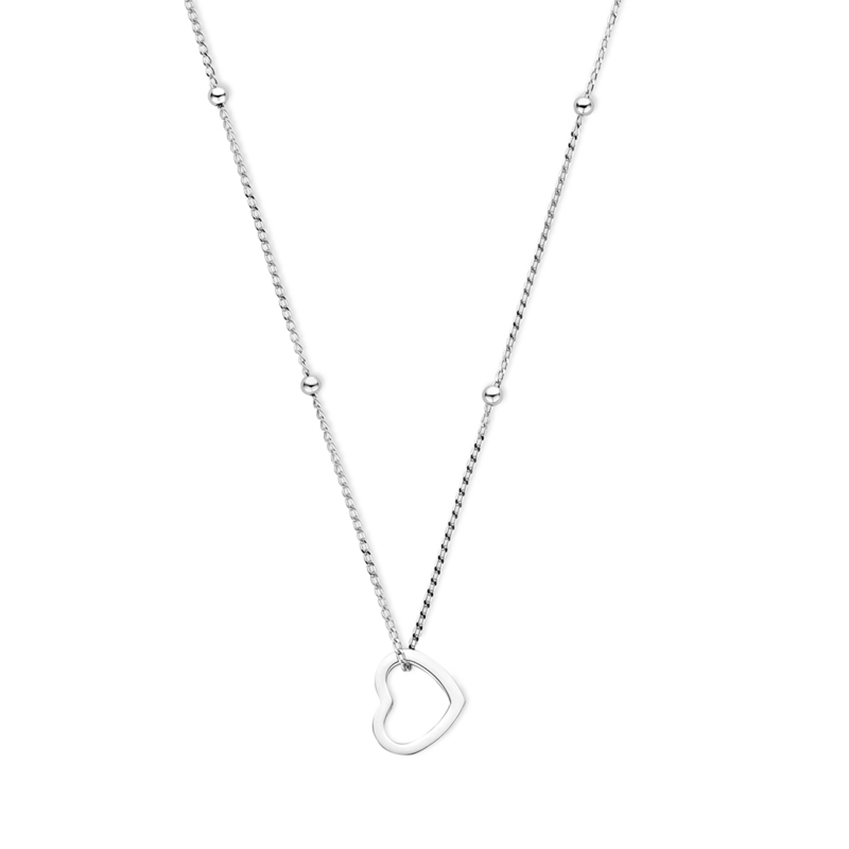 Gerhodineerd 925 zilveren collier uitgevoerd met een hartje. Het collier heeft een draaglengte van 41cm met 4cm extensie. Schakelbreedte is 0.9mm.