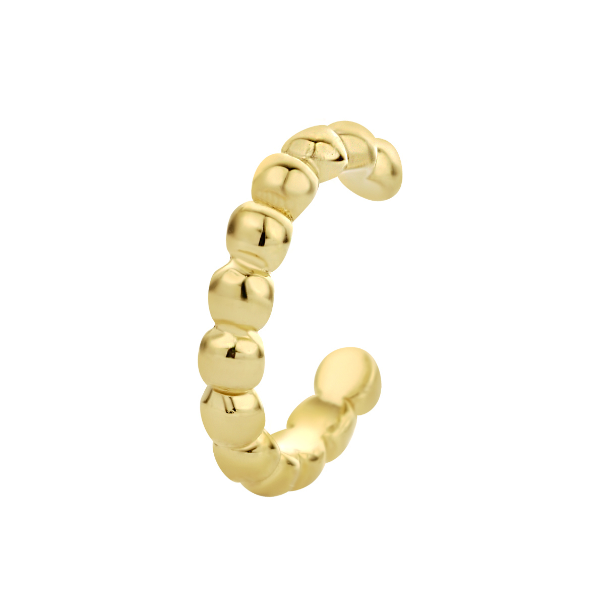 Geelgoud op 925 zilveren earcuff uitgevoerd met bolletjes. De earcuff heeft een afmeting van 11x2mm en wordt per stuk verkocht. Geen garantie op plating.