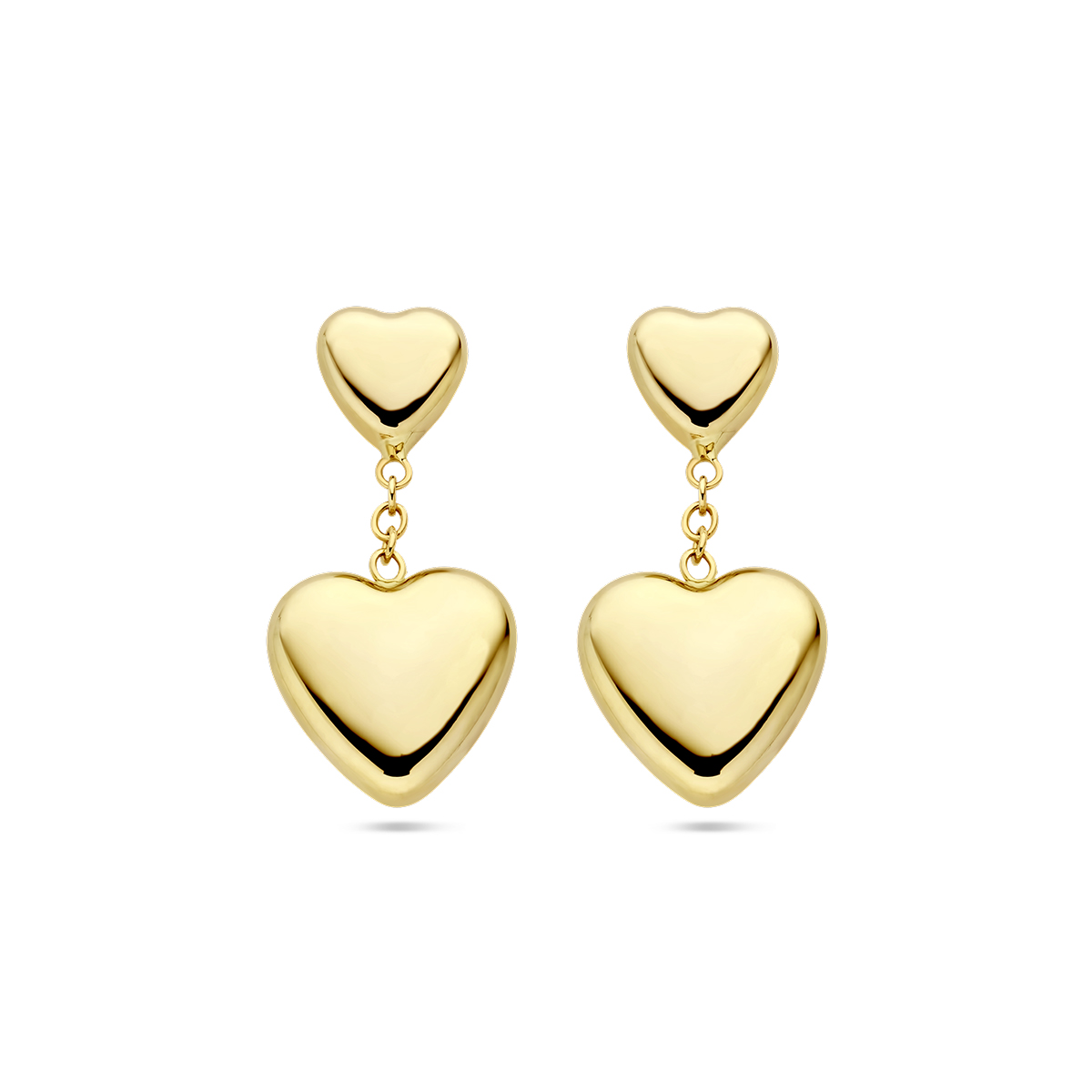 14k Geelgouden oorhangers uitgevoerd met hartjes. De hartjes hebben 2 verschillende afmetingen, 6x6mm en 10x10mm. De totale hoogte is 2.1cm.