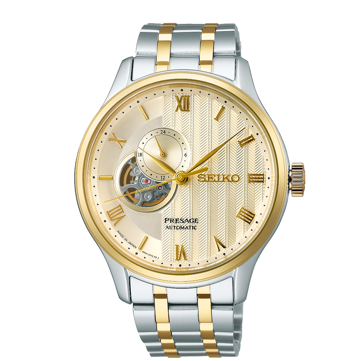 Dit is een herenhorloge van het merk Seiko. Het is een analoog horloge gemaakt van staal. De diameter van de kast is 41.8 mm en de kast is 12.5 mm dik.
De verdere specificaties van het horloge zijn als volgt:
Kastvorm: rond
Kastkleur: tweekleurig
Kastmateriaal: staal
Bandbreedte: 20 mm
Sluiting: vouwsluiting met drukker
Wijzerplaatkleur: champagne
Glassoort: saffier glas
Techniek: automaat