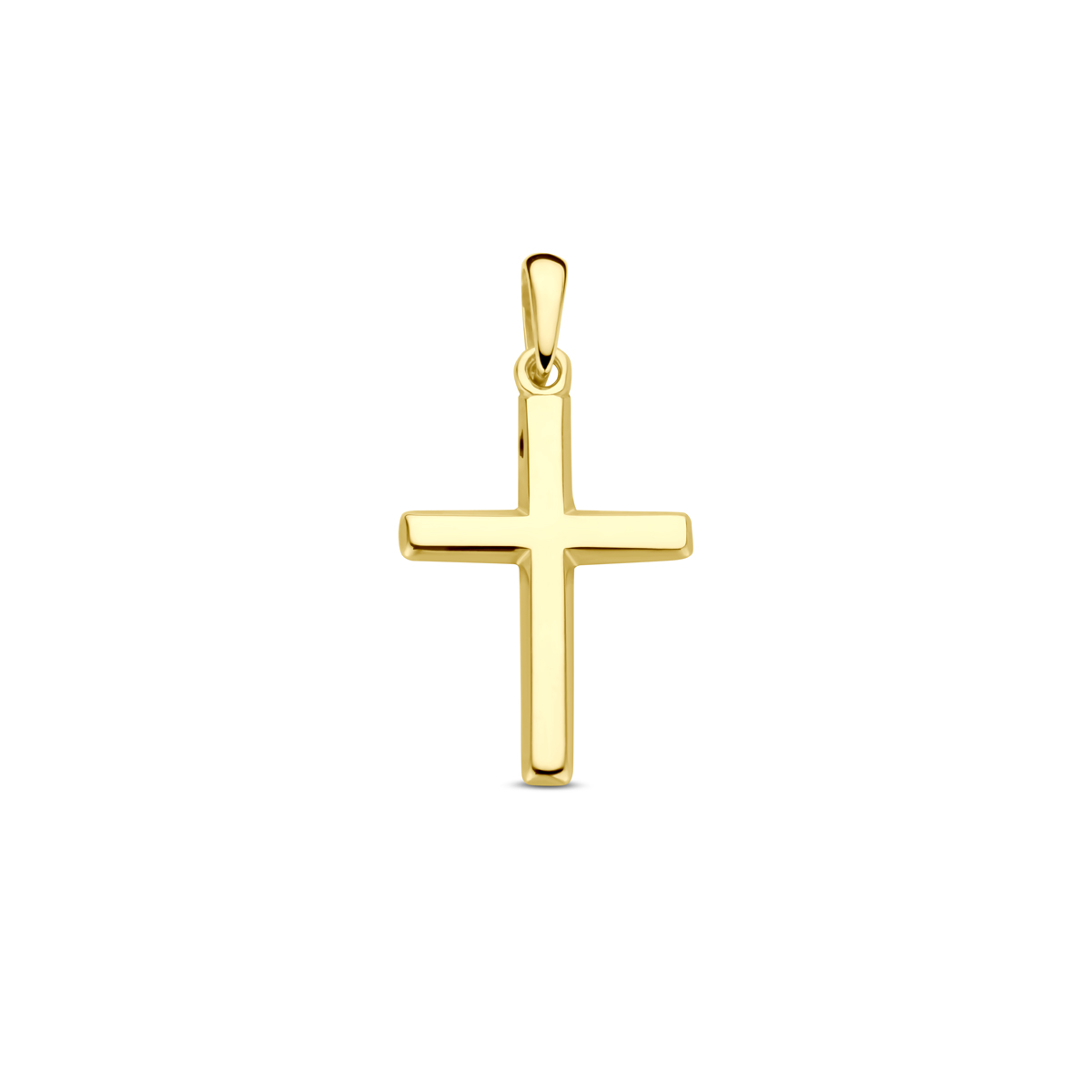 14k Geelgouden hanger uitgevoerd in de vorm van een kruis. De hanger heeft een totale hoogte van 23mm. Het kruis heeft een afmeting van 17x12mm.