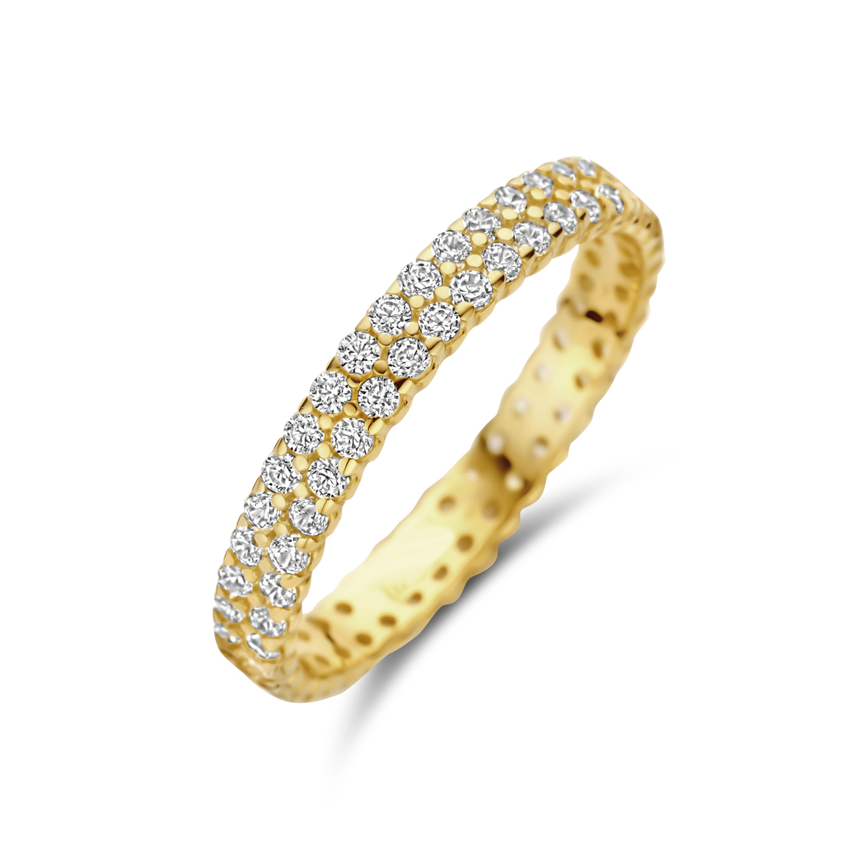 14k Geelgouden ring uitgevoerd met zirkonia. De ring heeft een breedte van 3mm.