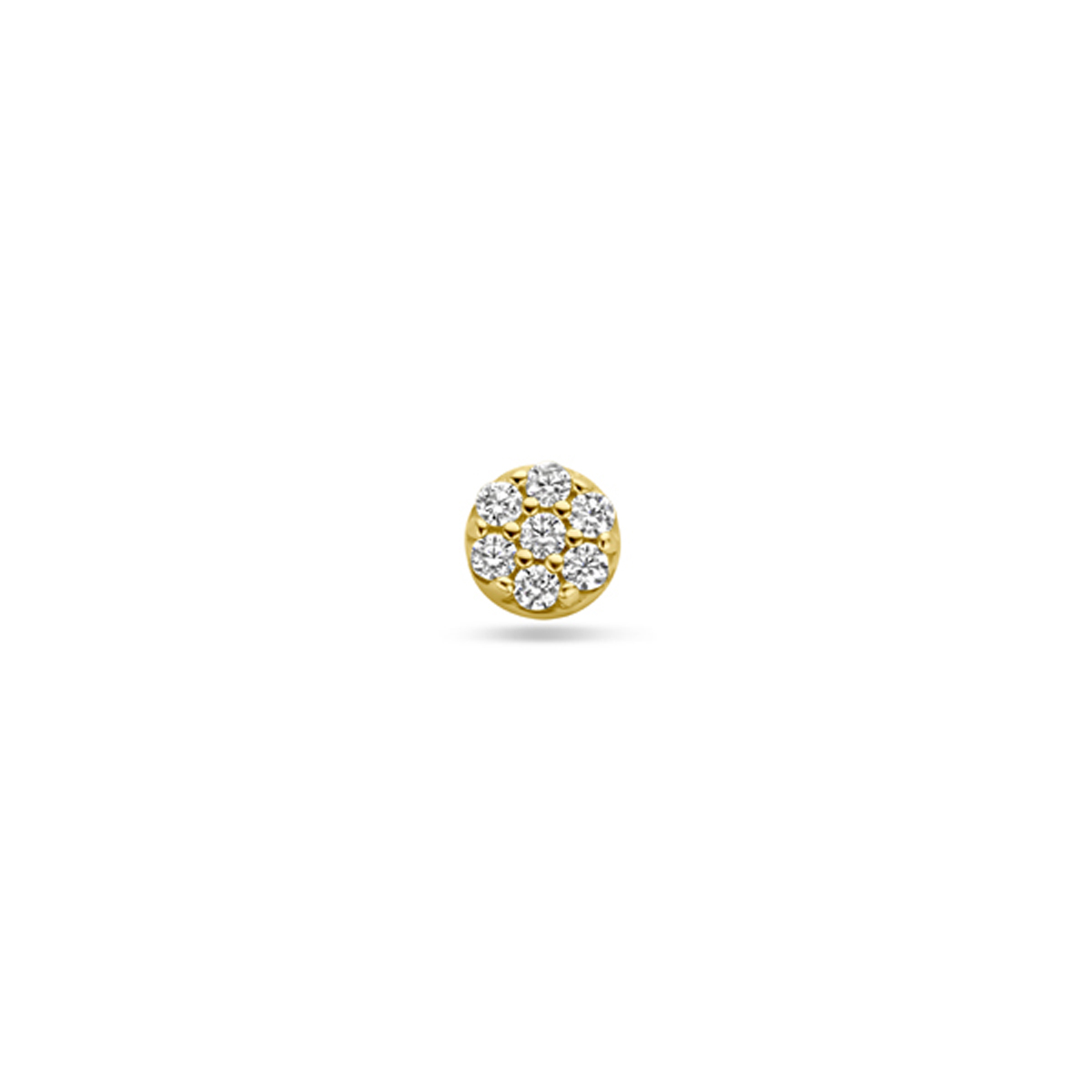 14k Geelgouden flat back piercing met schroefdraad uitgevoerd met zirkonia. Deze piercing heeft&nbsp;een diameter van 3.5mm, een buis lengte van 8mm en een buisdikte van 1.0mm.&nbsp;Let op, per stuk leverbaar.