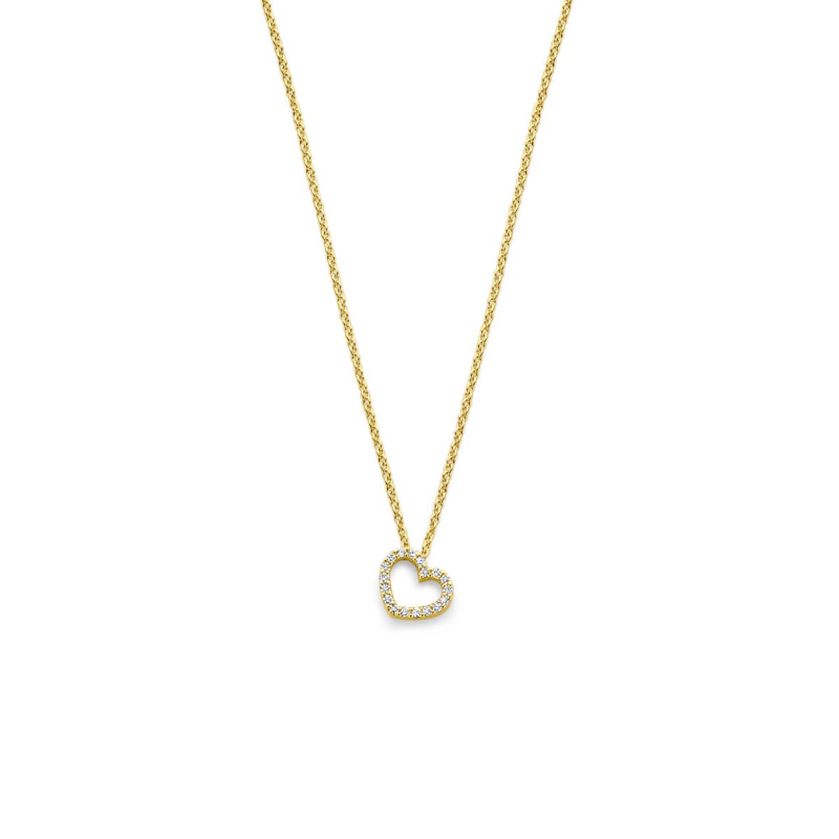 14k Geelgouden collier uitgevoerd met een hartje en diamant. Het collier heeft een draaglengte van 44cm. Het totale diamantgewicht 0.05ct.