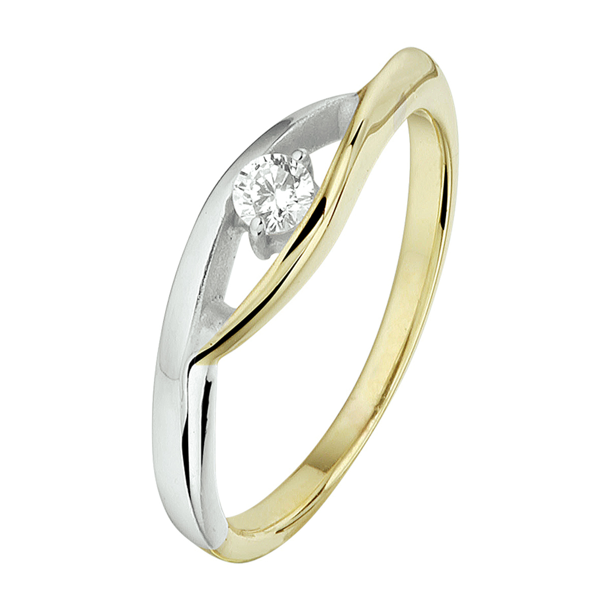 Stijlvolle 14k bicolor geel- en witgouden ring uitgevoerd met een schitterende zirkonia. De ring heeft een breedte van 5mm.
