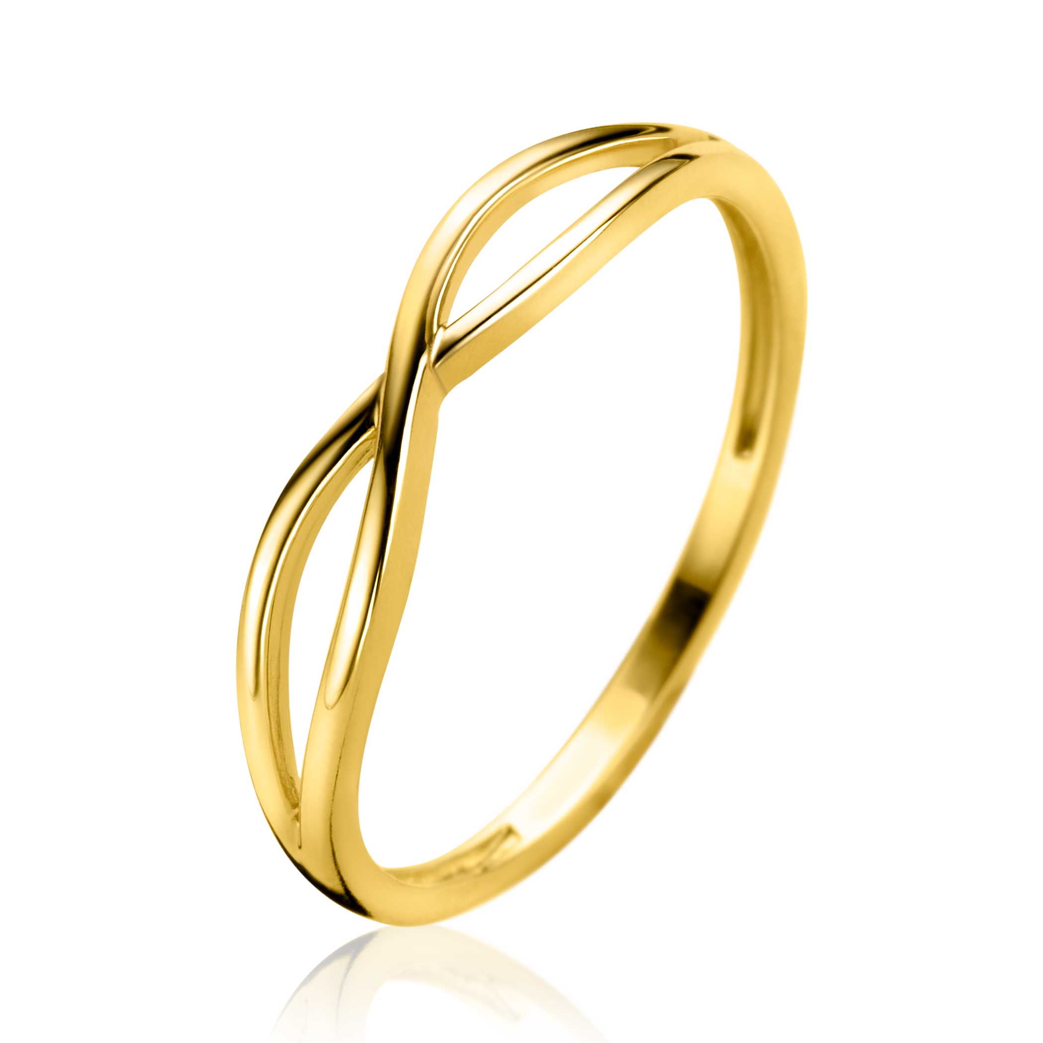 Zinzi Gold 14 karaat gouden cross-over ring, met twee gladde banen die elkaar sierlijk kruisen. Vervaardigd van geheel 14 karaat goud (585).Maat 58