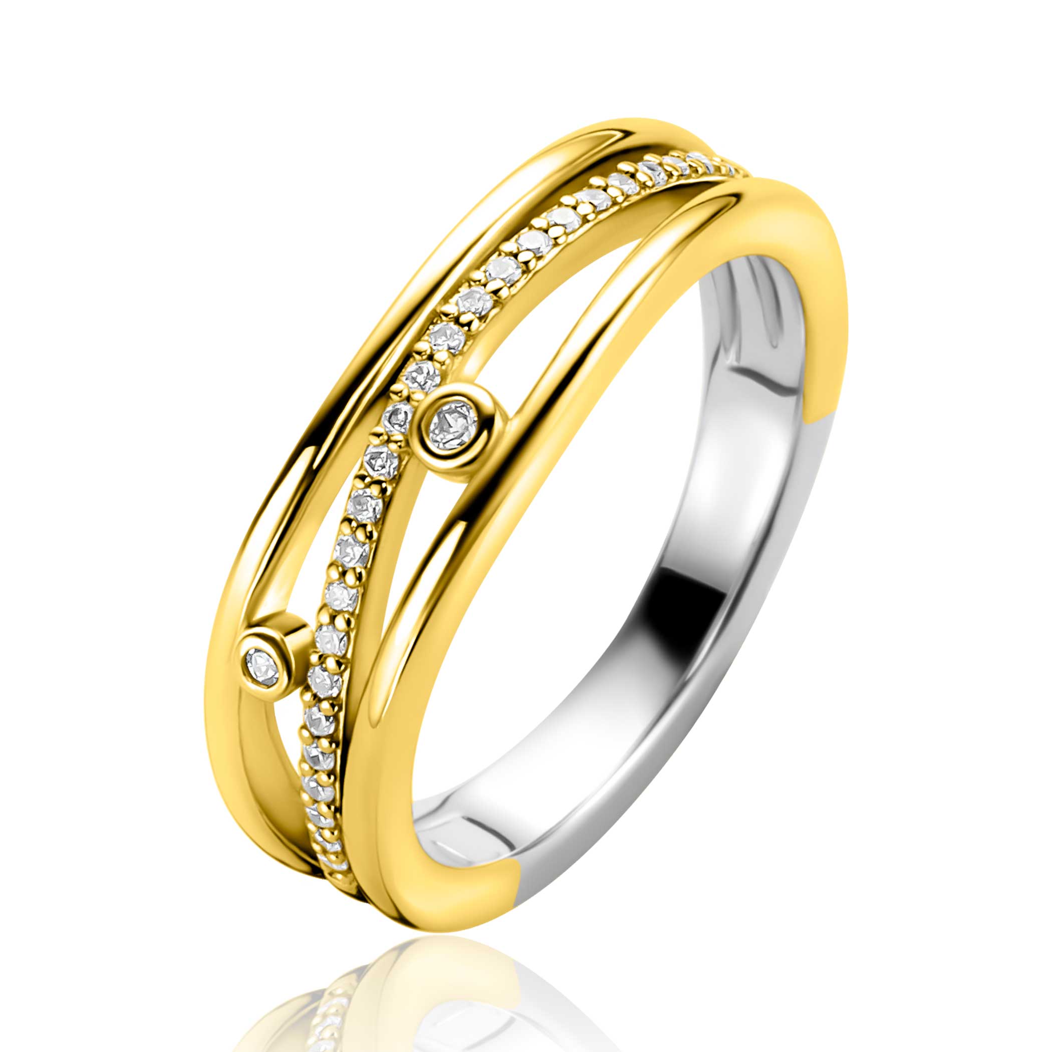ZINZI gold plated zilveren multi-look ring (6mm breed) in golvend design. De middelste baan is vol bezet met witte zirkonia's en twee ronde zirkonia's zijn speels verdeeld over de ring. Vervaardigd van eerste gehalte zilver (925) en extra geel verguld.