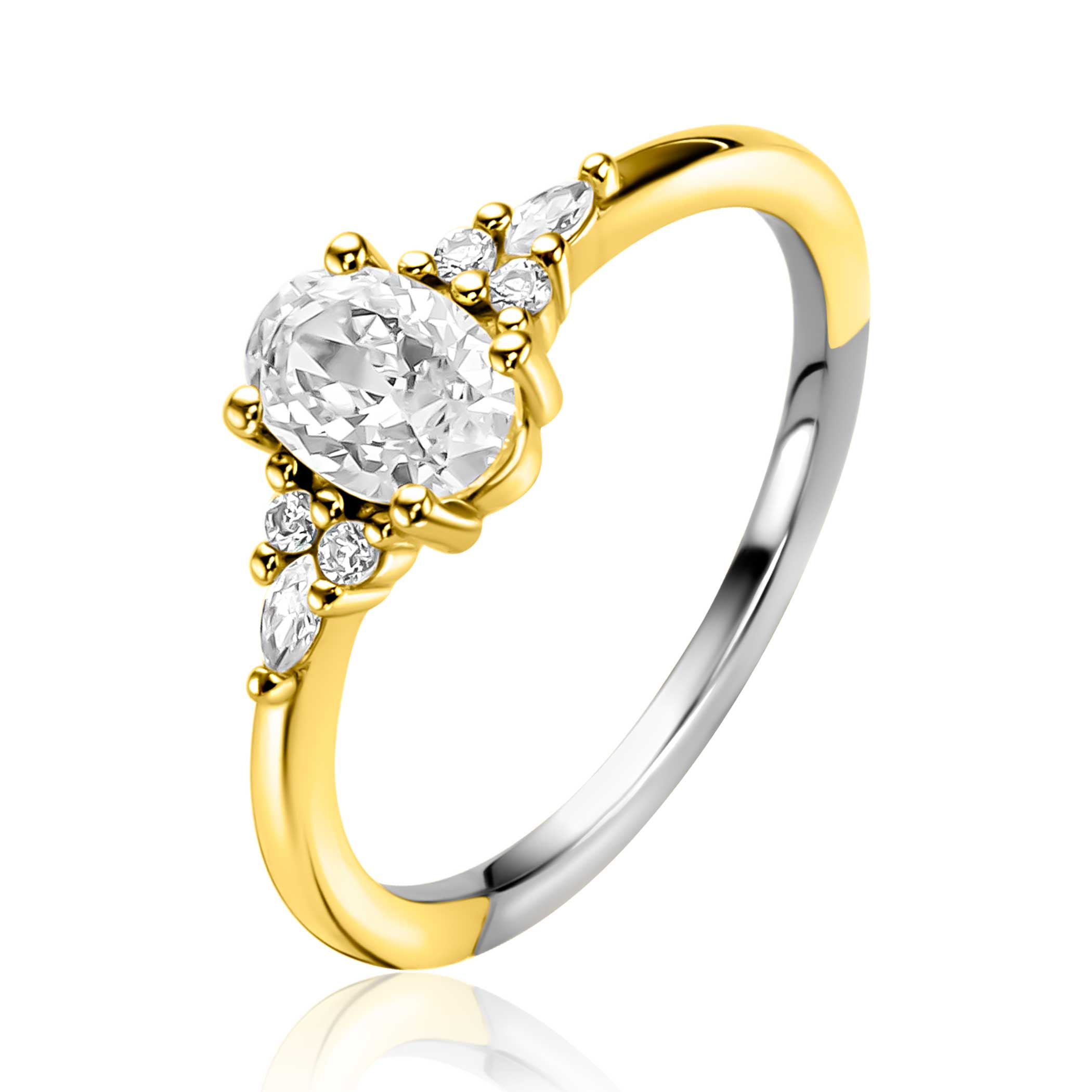 ZINZI gold plated zilveren ring met een grote ovale witte zirkonia (7mm) in vierpootszetting in het midden en kleinere witte zirkonia's in de scheen. Leuk detail: het kleine hartje aan de zijkant van de zetting. Vervaardigd van eerste gehalte zilver (925) en extra geel verguld.