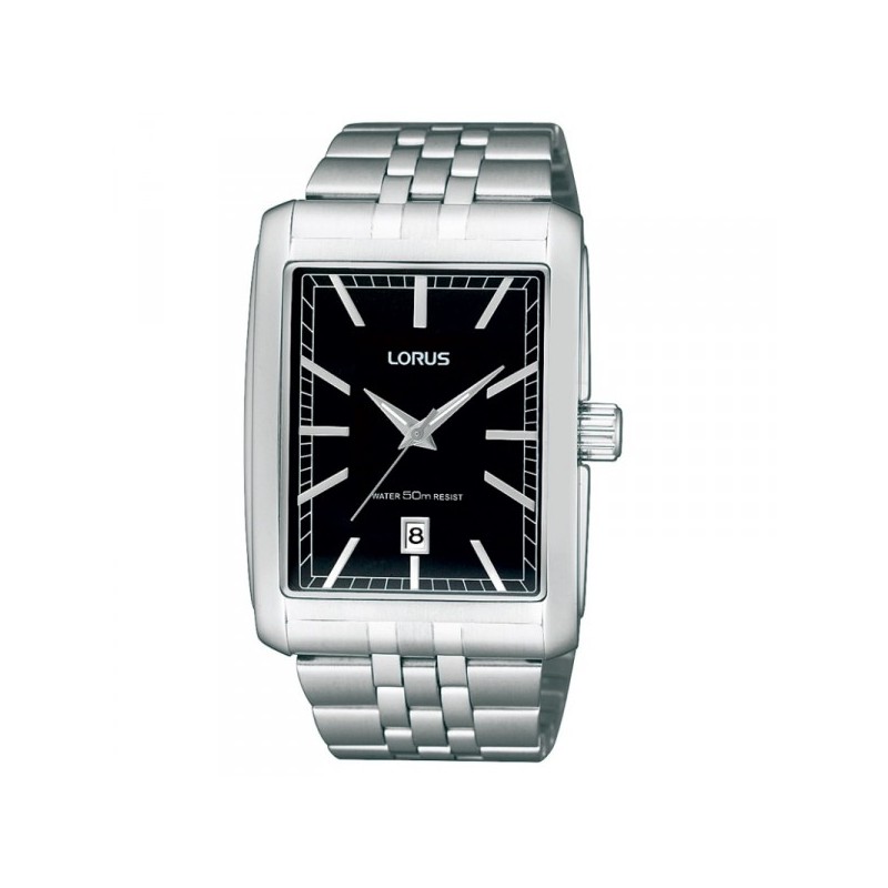 Lorus horloge heren model rechthoekig.
Het horloge is volledig van staal met een zwarte wijzerplaat.