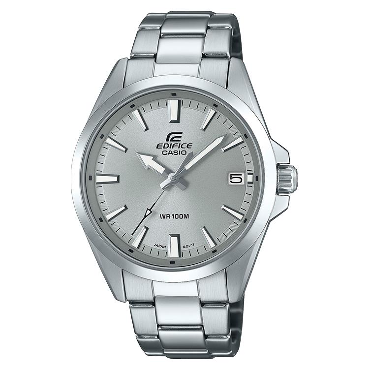 Dit Casio Edifice horloge heeft een stalen band en kast. De wijzerplaat is grijs met witte indexen en wijzers. Het horloge is voorzien van een datumaanduiding en is 10atm waterdicht