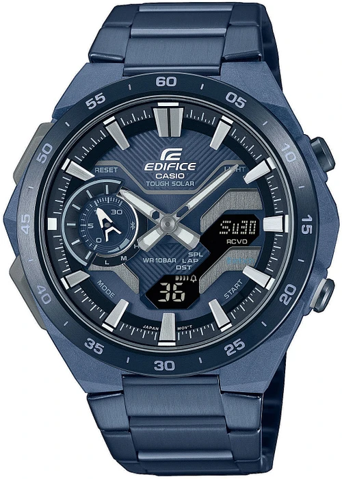 Stap op de bestuurdersstoel met de intensiteit van een coureur. Maak kennis met de koelblauwe, hoogwaardige EDIFICE-chronograaf voor de motorsport. 

De ECB-2200 WINDFLOW heeft een met koolstofvezels versterkte harskast, gemaakt van indigoblauwe koolstof; een primeur voor de EDIFICE-serie. De blauwe ion-geplateerde rand en band, samen met de blauwe basistinten van de wijzerplaat, stralen een coole stijl uit die de ijzige concentratie weerspiegelt die nodig is om te domineren op het racecircuit.

Synchroniseren met je smartphone via Bluetooth® is een fluitje van een cent. Tik op de app voor toegang tot functies die het leven gemakkelijker maken, of je nu achter het stuur zit of niet. Krijg automatisch aangepaste nauwkeurige tijdregistratie, beheer moeiteloos de wereldtijdlijst van meer dan 300 steden over de hele wereld, zet stopwatch-gegevens die tot op milliseconde zijn gemeten over naar je smartphone, vind je telefoon door een knop op je horloge ingedrukt te houden, en nog veel meer! Tough Solar laadt het horloge op bij zonlicht of zelfs fluorescerend lamplicht.