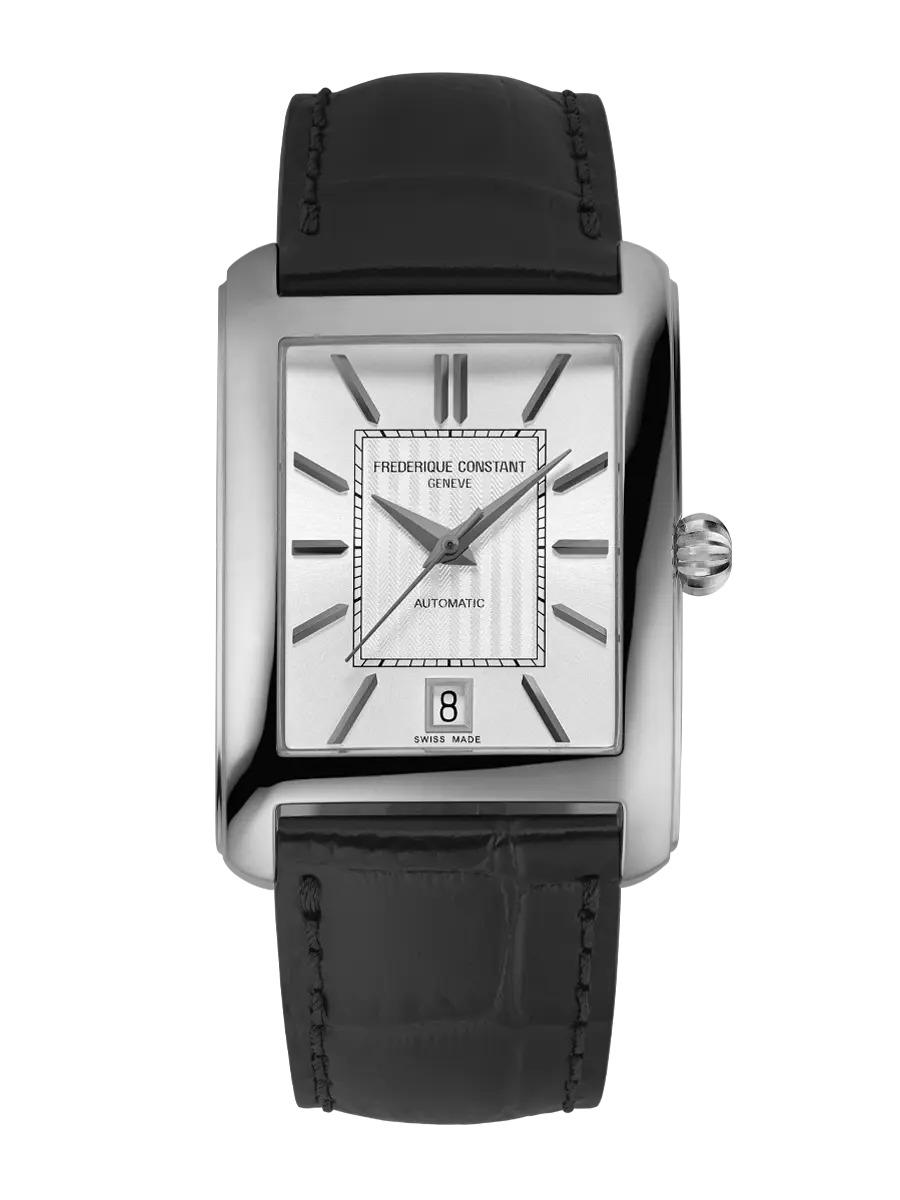 Dit Frederique Constant Classics Carree automatisch horloge in staal met zwarte lederen band FC-303S4C6 heeft een rechthoekige kast, zilverkleurige wijzerplaat en automatisch uurwerk. Het horloge is waterbestendig en heeft een gangreserve van 38 uur. Draag dit stijlvolle horloge met zowel formele als casual outfits voor een klassieke uitstraling. Verkrijgbaar bij ons in de webshop.