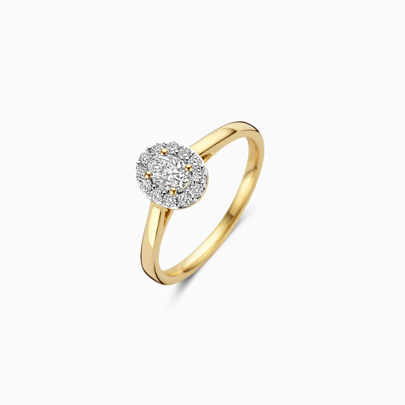 Gemaakt van gecertificeerd gerecycled goud met een lab grown diamant. Deze 14 karaat geelgouden  Lab Diamonds ring is uitgevoerd in glanzend gepolijst goud en voorzien van ovaal en briljant geslepen lab grown diamanten van in gewicht totaal 0.42 karaat. Solitair gedragen zorgt de ring voor een elegant-vrouwelijke uitstraling.

Type goud: 14k Geel goud
Type zetting: Entourage zetting
Type steen: Lab Grown Diamant
Steenkleur: Wesselton
Gewicht Diamant (in ct): 0.25, 12 x 0.17
Diamant kwaliteit: SI 1
Grootte detail/applique: 8.47 mm, 6.8 mm
Diameter: Ø 1.8 mm