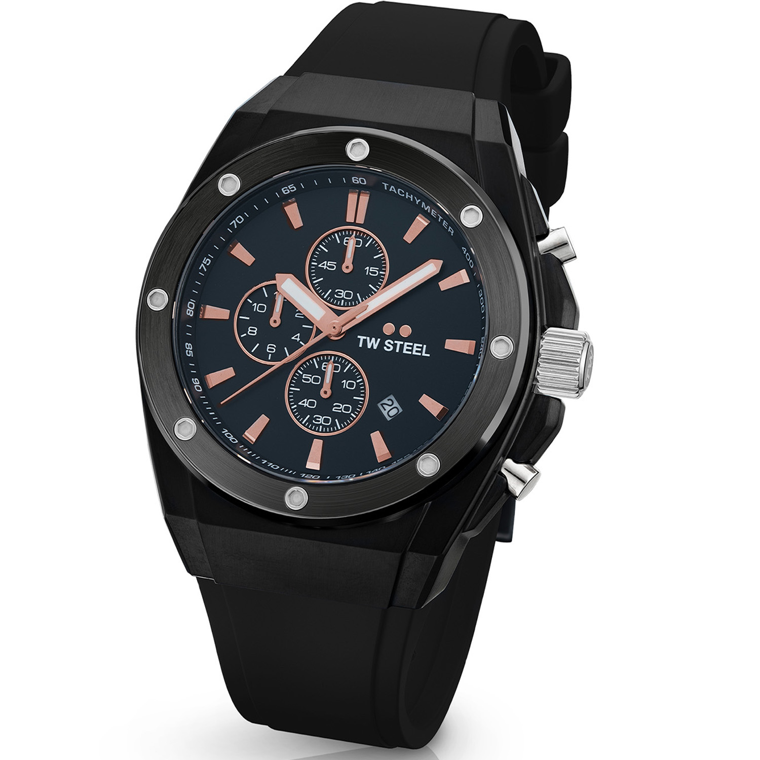 TW Steel TWCE4102 CEO Tech Steel Chrono Zwart Siliconen 44mm
Dit TW steel herenhorloge uit de CEO Tech serie met nr TWCE4102 heeft een zwarte stalen horlogekast van 44mm met een zwarte wijzerplaat met chronograaf en een datum. De uursaanduiding en de wijzers zijn opvallend door de lumibrite accenten. Het stijlvolle herenhorloge heeft een gehard mineraalglas met saffier bovenlaag en een gepolijste schroefkroon. Aan de kast zit een zwarte siliconen band met een stalen gespsluiting. Het horloge heeft wereldwijde garantie van 2 jaar en is 10 ATM. Een sportief chique model.

Het Merk:
TW Steel is een Nederlands horlogemerk. Groot in visie en onge&euml;venaard in stijl. Sinds onze oprichting in 2005 geven wij tijd een nieuwe dimensie. Met karakteristieke designs stappen wij af van de gebaande paden.
Ons bereik is wereldwijd, of het nu zakelijk, casual of sportief is, bij de horloge collectie van TW Steel gaat het om kwaliteit en precisie. Een horloge dat je persoonlijkheid onderstreept is altijd binnen handbereik. Vorm en functie gaan samen in onze horloges van Zwitserse top kwaliteit. De kunst om je te onderscheiden vergt zelfvertrouwen en lef.
TW Steel is niet zomaar een horloge, TW Steel is een statement.

Specificaties:
- Stalen zwarte horloge kast 44mm
- Zwarte wijzerplaat
- Zwarte siliconen band
- Gehard mineraalglas
- Schroefkroon
- 10 ATM