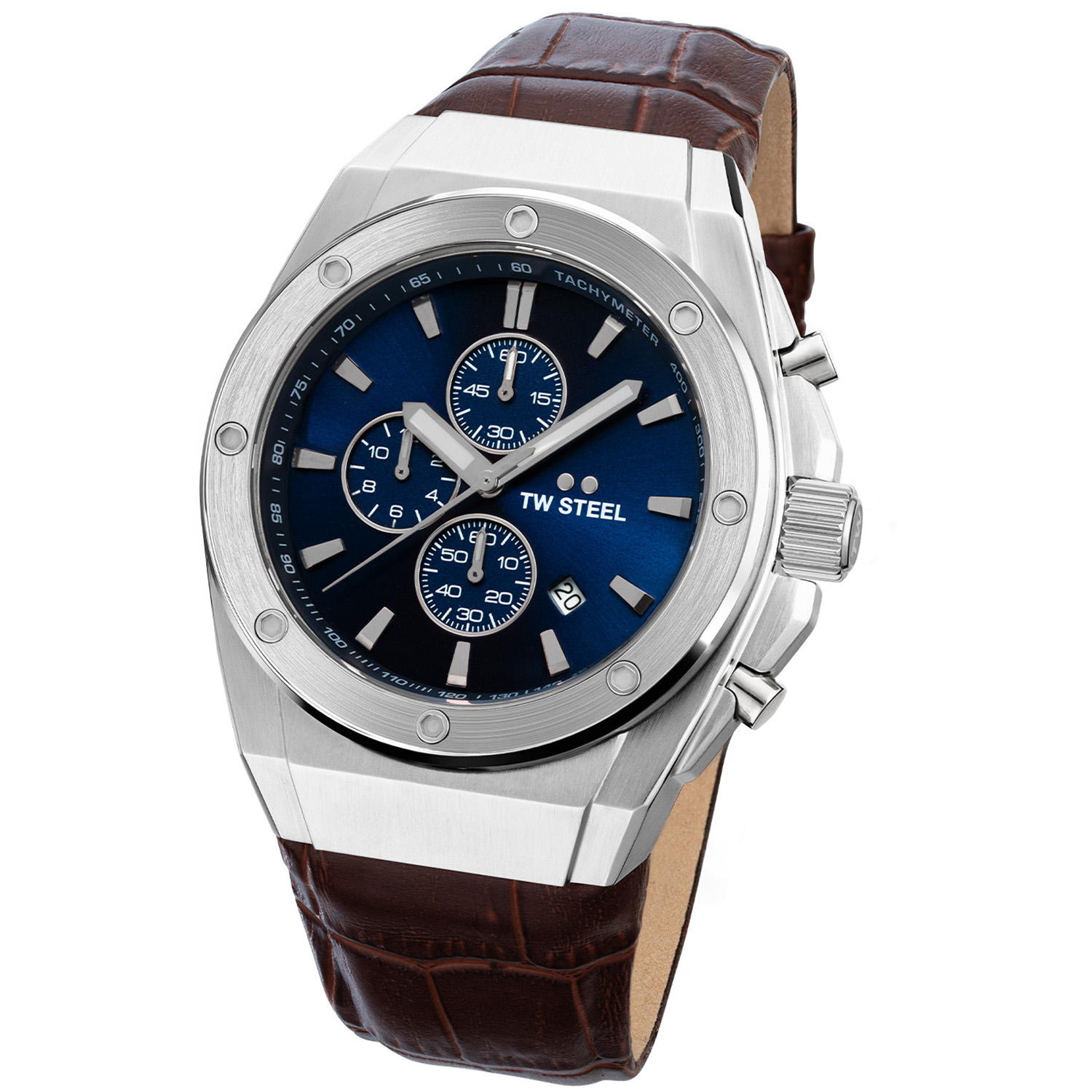 TW Steel TWCE4107 CEO Tech Steel Chrono Bruin Leer 44mm
Dit TW steel herenhorloge uit de CEO Tech serie met nr TWCE4107 heeft een stalen horlogekast van 44mm met een zilverkleurige bezel en een blauwe wijzerplaat met chronograaf en een datum. De uursaanduiding en de wijzers zijn opvallend door de lumibrite accenten. Het stijlvolle herenhorloge heeft een gehard mineraalglas met saffier bovenlaag en een gepolijste schroefkroon. Aan de kast zit een bruine leren croco band met een stalen gespsluiting. Het horloge heeft wereldwijde garantie van 2 jaar en is 10 ATM. Een sportief chique model.

Het Merk:
TW Steel is een Nederlands horlogemerk. Groot in visie en onge&euml;venaard in stijl. Sinds onze oprichting in 2005 geven wij tijd een nieuwe dimensie. Met karakteristieke designs stappen wij af van de gebaande paden.
Ons bereik is wereldwijd, of het nu zakelijk, casual of sportief is, bij de horloge collectie van TW Steel gaat het om kwaliteit en precisie. Een horloge dat je persoonlijkheid onderstreept is altijd binnen handbereik. Vorm en functie gaan samen in onze horloges van Zwitserse top kwaliteit. De kunst om je te onderscheiden vergt zelfvertrouwen en lef.
TW Steel is niet zomaar een horloge, TW Steel is een statement.

Specificaties:
- Stalen horloge kast 44mm
- Blauwe wijzerplaat
- Bruine leren croco band
- Gehard mineraalglas
- Schroefkroon
- 10 ATM