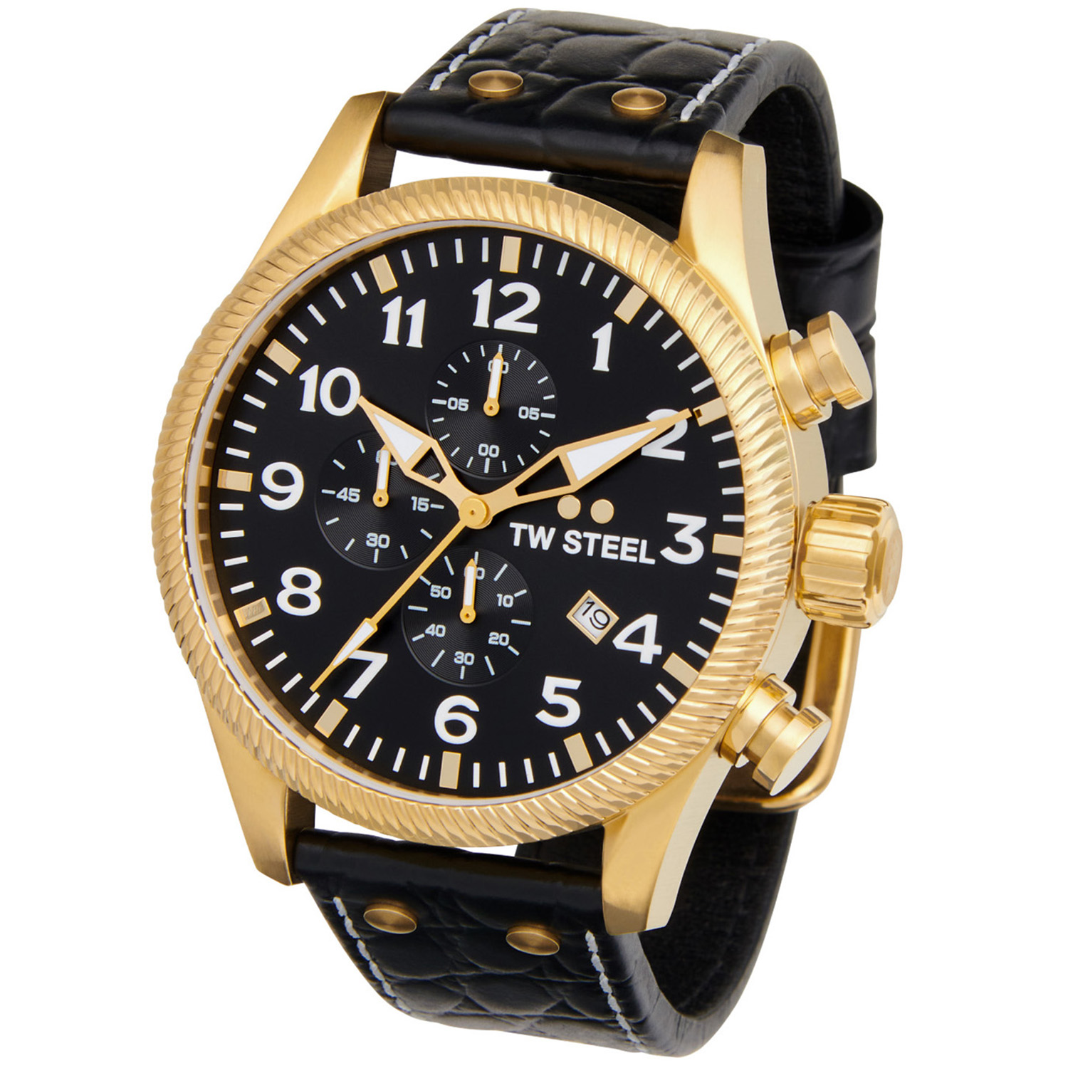 TW Steel TWVS115 New Volante YG Chrono Zwart Leer 48mm
Deze TW steel uit de Volante serie met nr TWVS115 is voorzien van een 48mm stalen kast met gehard mineraalglas. De TWVS115 valt op door de oversized kronen, grote cijfers en sierlijke wijzers. De goudkleurige stalen kast van heeft een zwarte wijzerplaat met een chronograaf en een datum. Aan de kast zit een zwarte leren krokoprint band met een gespsluiting. Het horloge heeft wereldwijde garantie van 2 jaar en is 10 ATM. Een chique model.

Specificaties:
- Stalen horloge kast 45mm
- Zwarte wijzerplaat
- Zwarte leren band
- Gehard mineraalglas
- Grove kronen
- 10 ATM