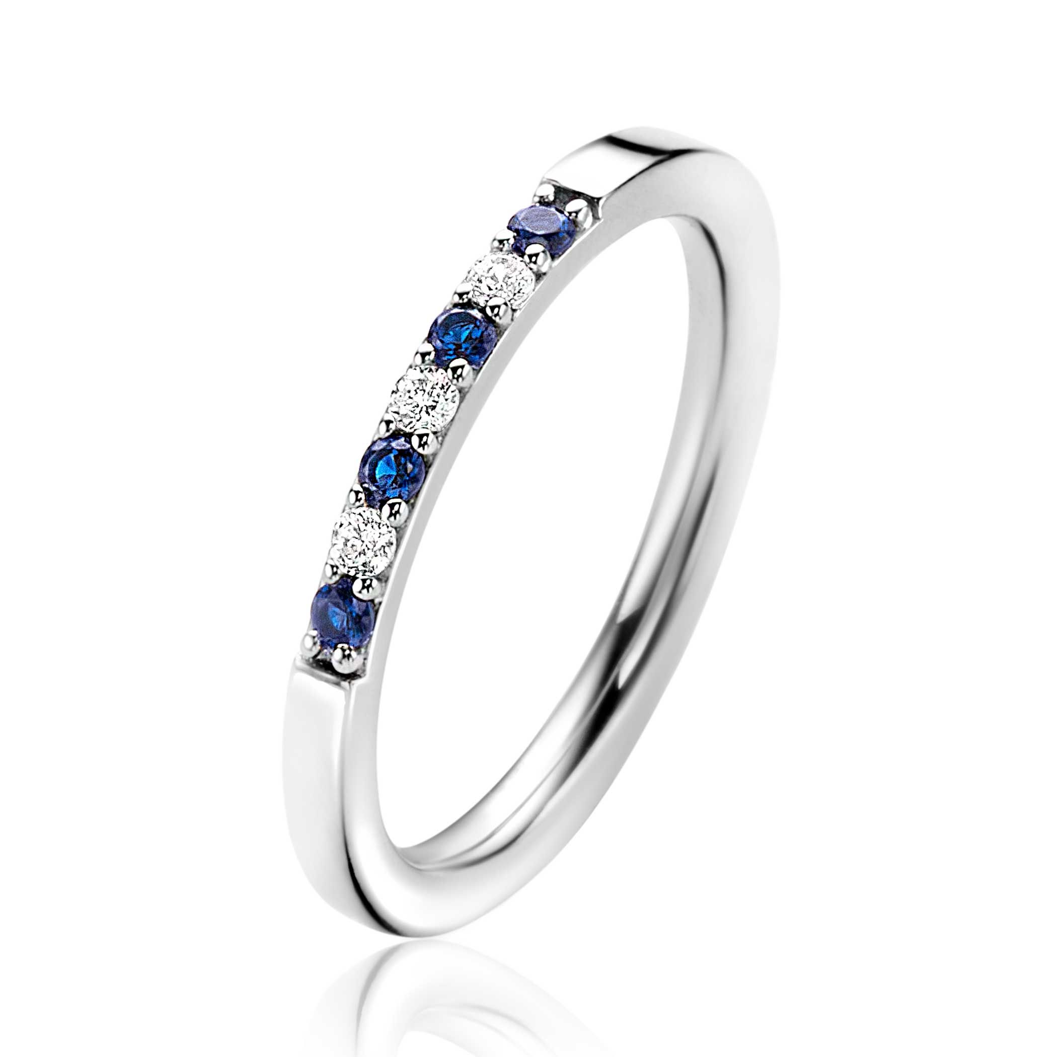 ZINZI zilveren aanschuifring 2mm breed in chatonzettingen bezet met donkerblauwe kleurstenen en witte zirconia's