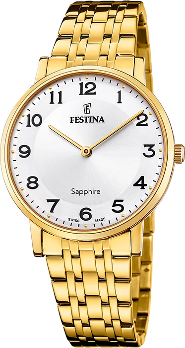 Op zoek naar een stijlvol en elegant horloge dat perfect past bij elke gelegenheid? Dan is de Festina F20046/1 het ideale horloge voor jou! Dit prachtige horloge heeft een analoge tijdaanduiding en een quartz uurwerk, waardoor je altijd nauwkeurig de tijd kunt aflezen.

De Festina F20046/1 heeft een slanke hoogte van slechts 7 mm en een ronde behuizing in een goudkleurige afwerking. De behuizing is gemaakt van roestvrij staal, waardoor het horloge duurzaam en krasbestendig is. De grijze wijzerplaat wordt beschermd door saffierglas, wat zorgt voor een helder en krasvrij zicht op de tijd.

De goudkleurige roestvrij stalen band van de Festina F20046/1 geeft het horloge een luxe uitstraling en zorgt ervoor dat het comfortabel om de pols zit. De band sluit met een handige vlinder- of vouwsluiting, waardoor het horloge veilig om de pols blijft zitten.

Dit horloge is niet alleen mooi, maar ook praktisch. Met een waterdichtheid van 5 bar is de Festina F20046/1 geschikt om mee te douchen, waardoor je het horloge altijd en overal kunt dragen. Helaas heeft dit horloge geen datumweergave, maar dat doet niets af aan de stijlvolle uitstraling van dit prachtige horloge.

Als officieel Festina verkooppunt kunnen wij garanderen dat je een origineel en kwalitatief hoogwaardig product ontvangt. Bestel vandaag nog de Festina F20046/1 en geniet van een tijdloos en elegant horloge dat perfect past bij elke outfit!