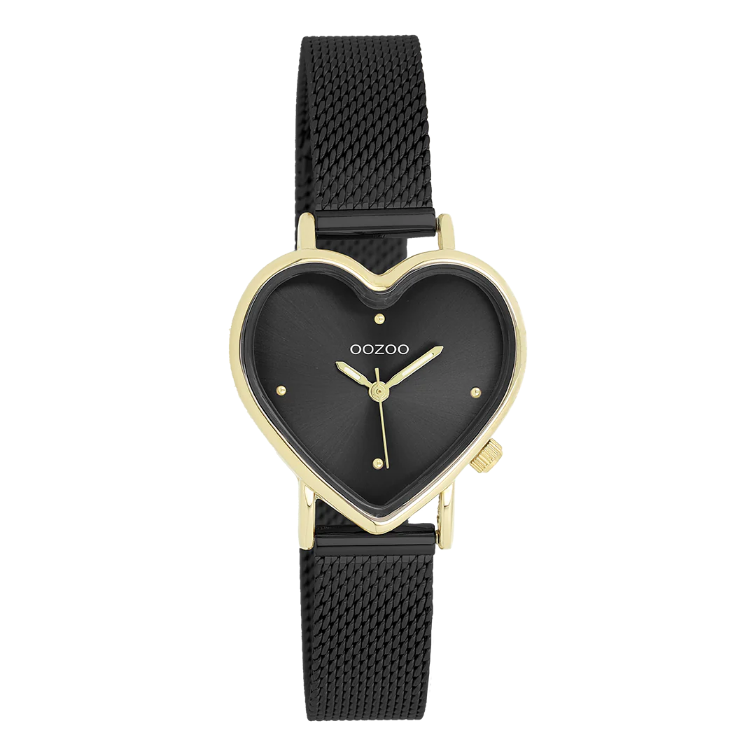 Val op met dit prachtige hart dames design uit de trendy OOZOO Timepieces collectie. De C11447 heeft een zwarte metalen mesh armband en 28x29 mm goudkleurige metalen horlogekast. Maak een fashion statement met deze zwarte sunray wijzerplaat, goudkleurige stippen tijdsaanduidingen en bijpassende wijzers. Dit horloge is een musthave voor jouw garderobe en heeft een mineraalglas, stainless steel achterplaat en is nikkel-safe.