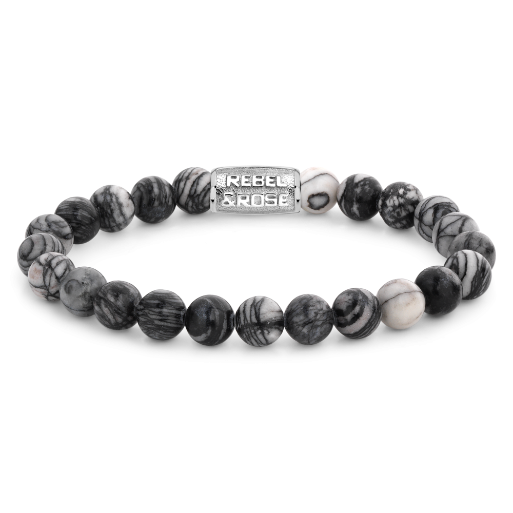 Edelstenen bead armband, handgemaakt van 8mm Agaat (Black Network) stenen met een zilverkleurige sluiting. Het Rebel & Rose sieraad is makkelijk te combineren met andere zilveren, leren of kralenarmbanden.