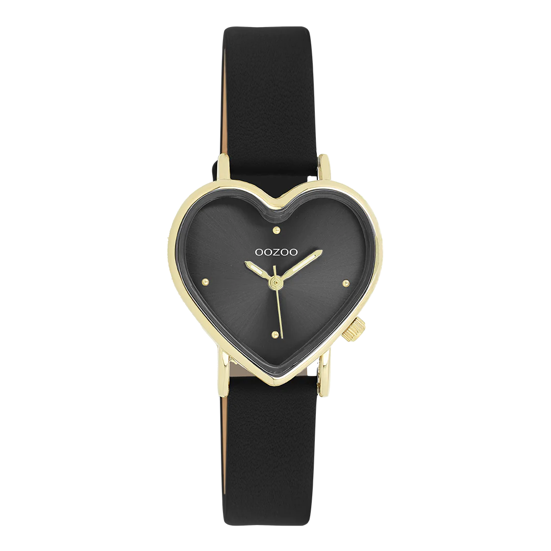 Val op met dit prachtige hart dames design uit de trendy OOZOO Timepieces collectie. De C11452 heeft een zwarte leren band en 28x29 mm goudkleurige metalen horlogekast. Maak een fashion statement met deze zwarte sunray wijzerplaat, goudkleurige stippen tijdsaanduidingen en bijpassende wijzers. Dit horloge is een musthave voor jouw garderobe en heeft een mineraalglas, stainless steel achterplaat en is nikkel-safe.