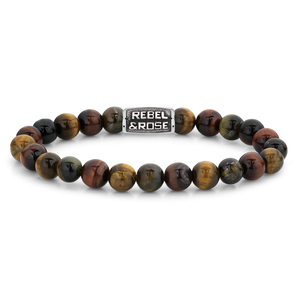 Edelstenen bead armband, handgemaakt van 8mm gemixte Tijgeroog stenen. De sluiting is van stainless steel en de vintage look is handmatig aangebracht. Het Rebel & Rose sieraad is makkelijk te combineren met andere zilveren, leren of kralenarmbanden.