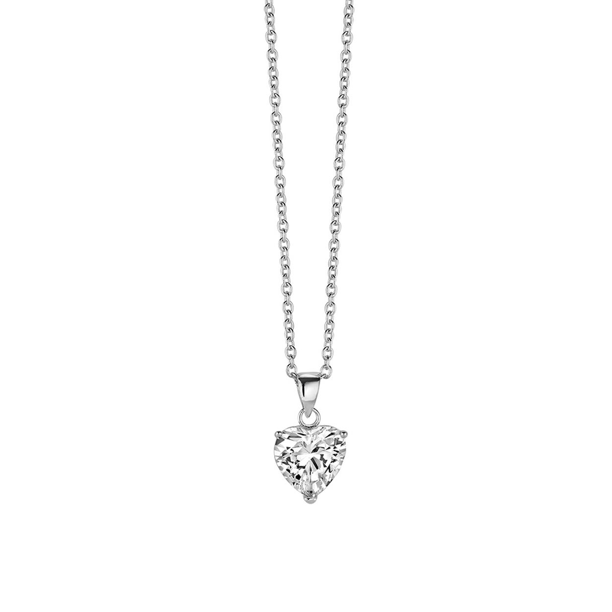 Zilver collier met hanger : zirkonia in de vorm van een hart .