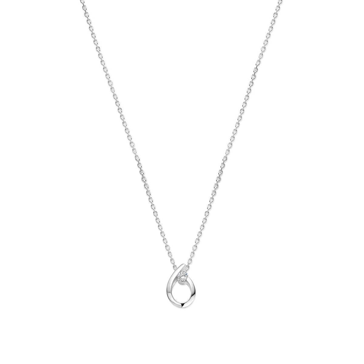 Gerhodineerd 925 zilveren collier uitgevoerd met een druppel en zirkonia. Het collier heeft draaglengtes van 41+4cm. De schakelbreedte is 1.1mm.