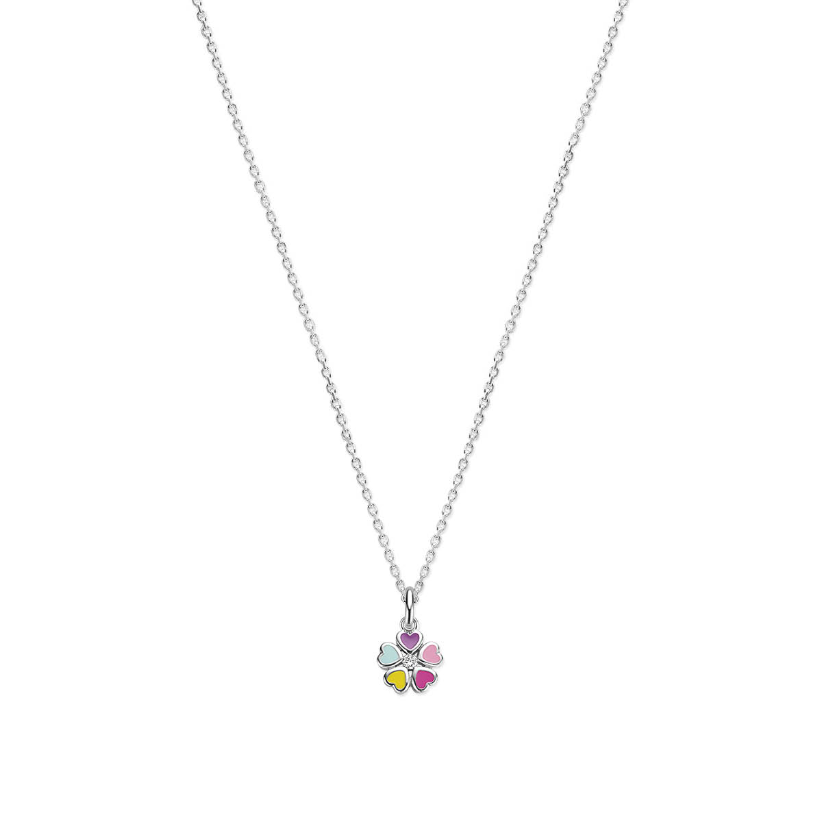 Gerhodineerd 925 zilveren collier uitgevoerd met een bloem en zirkonia. Het collier heeft draaglengtes van 36+4cm. De schakelbreedte is 1.4mm.