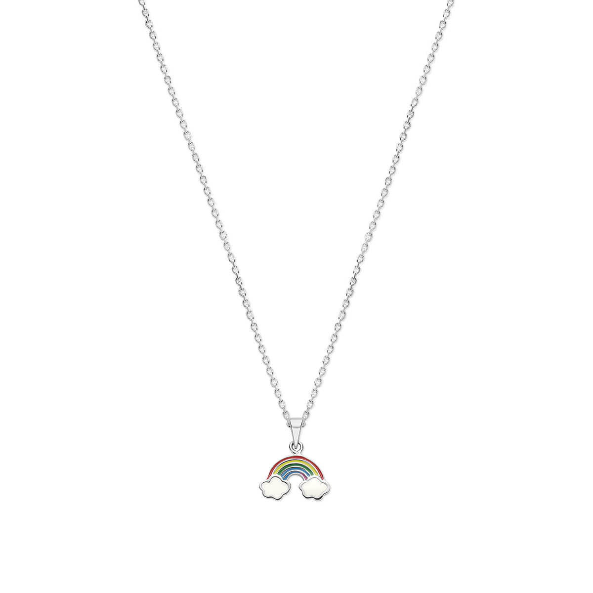 Gerhodineerd 925 zilveren collier uitgevoerd met een regenboog en emaille. Het collier heeft draaglengtes van 36+4cm. De schakelbreedte is 1.4mm.
