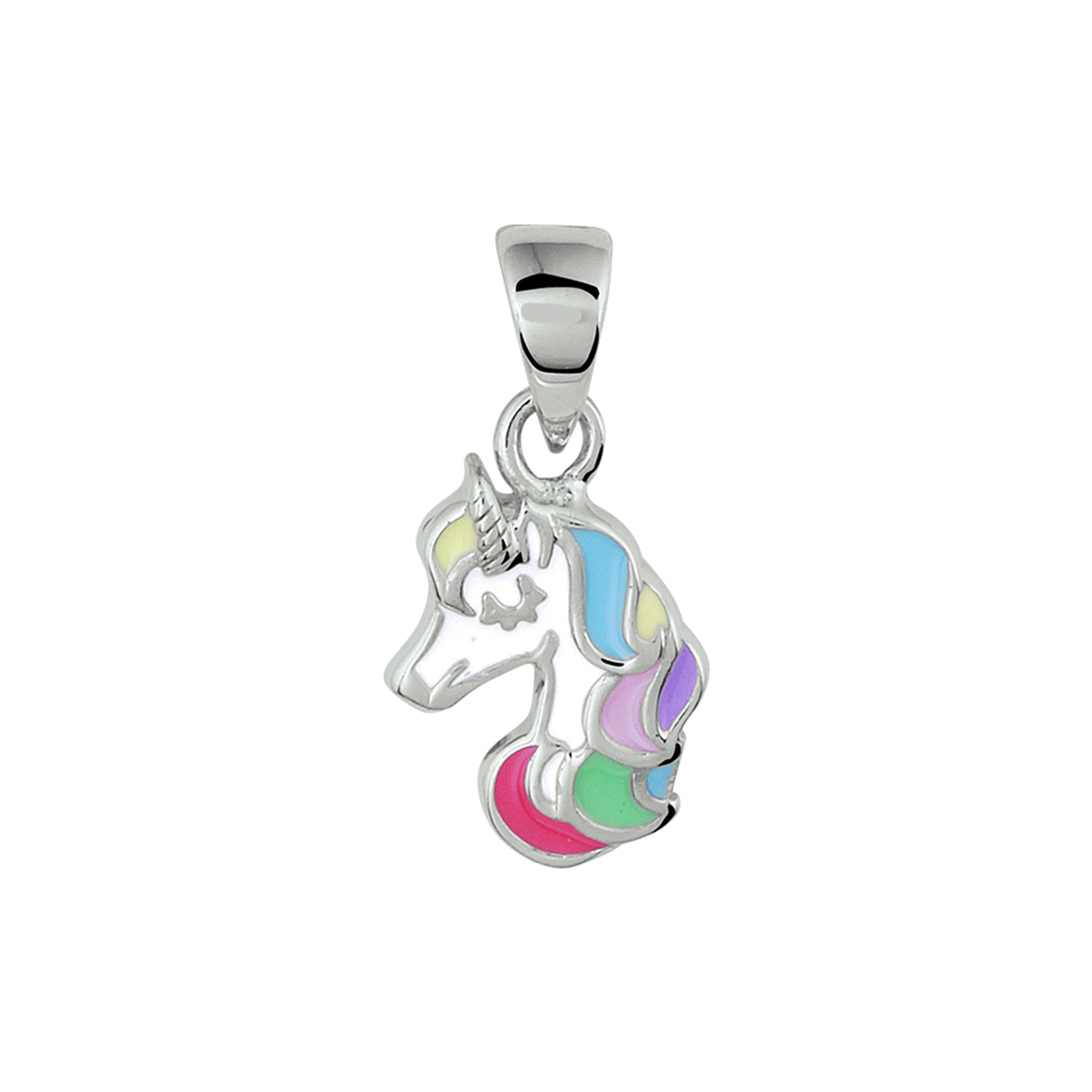 Gerhodineerd 925 zilveren hanger in de vorm van een eenhoorn, uitgevoerd met gekleurd emaille. De hanger heeft een totale hoogte van 1.5cm en een breedte van 8mm.