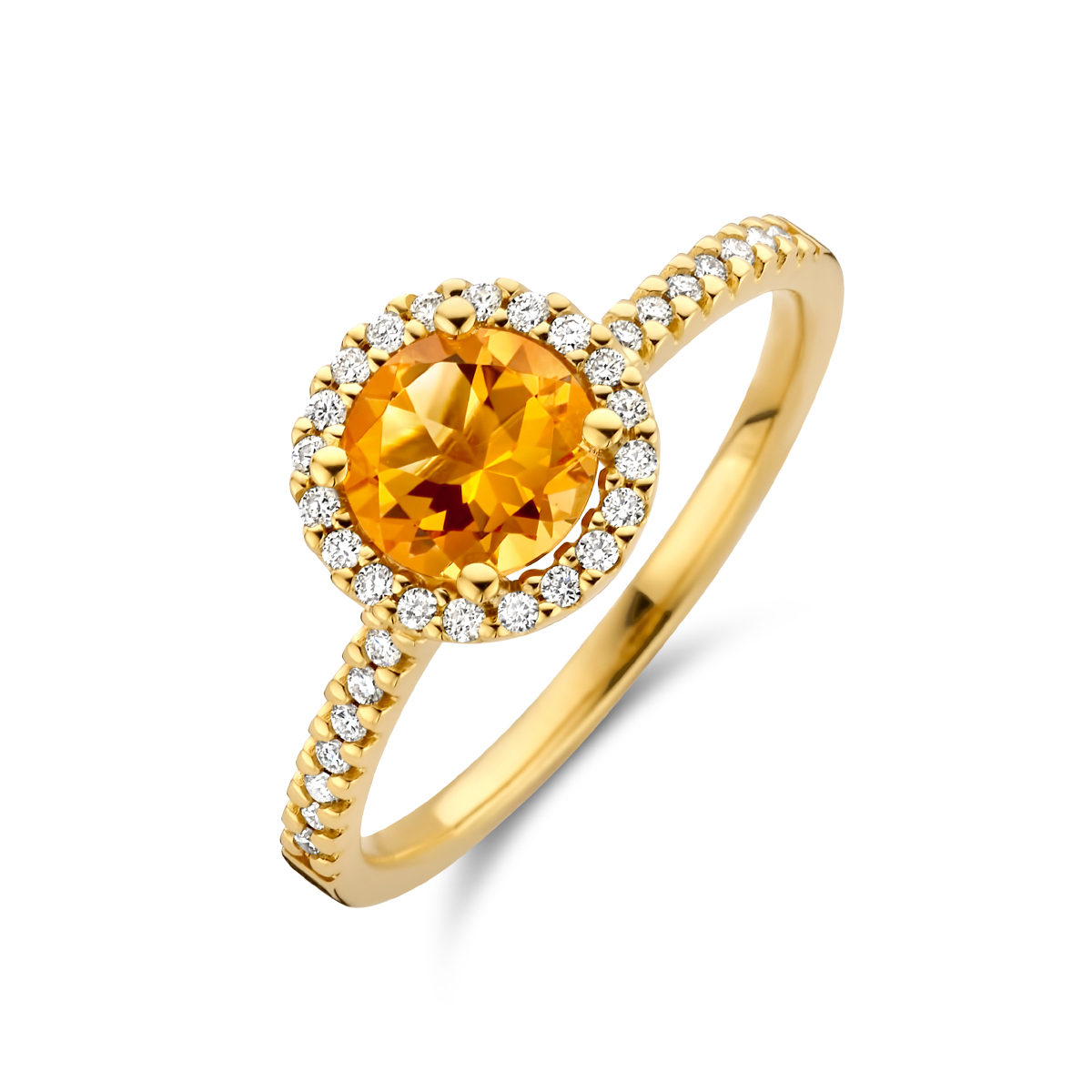 14k Geelgouden ring uitgevoerd met een schitterende citrien en een diamant rij briljant