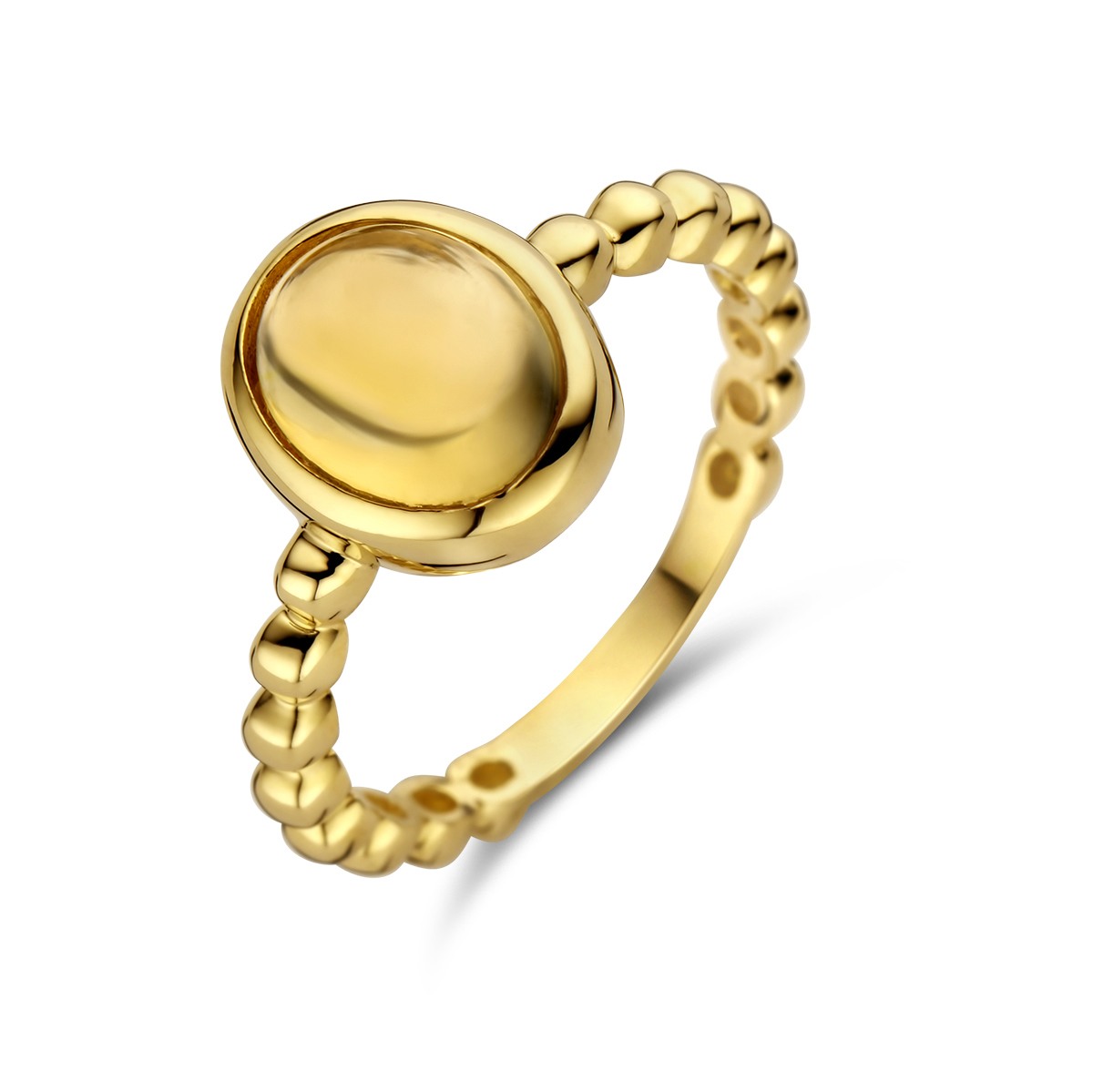 14k Geelgouden ring uitgevoerd met citrien. De ring heeft een breedte van 11.5mm.