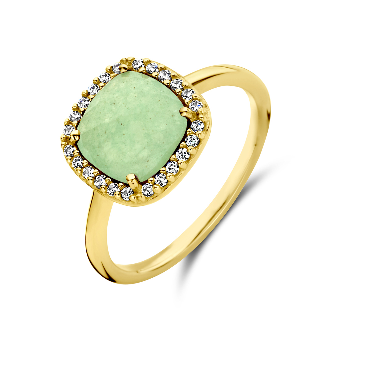 14k Geelgouden ring uitgevoerd met groen agaat en zirkonia. De ring heeft een breedte van 11mm.